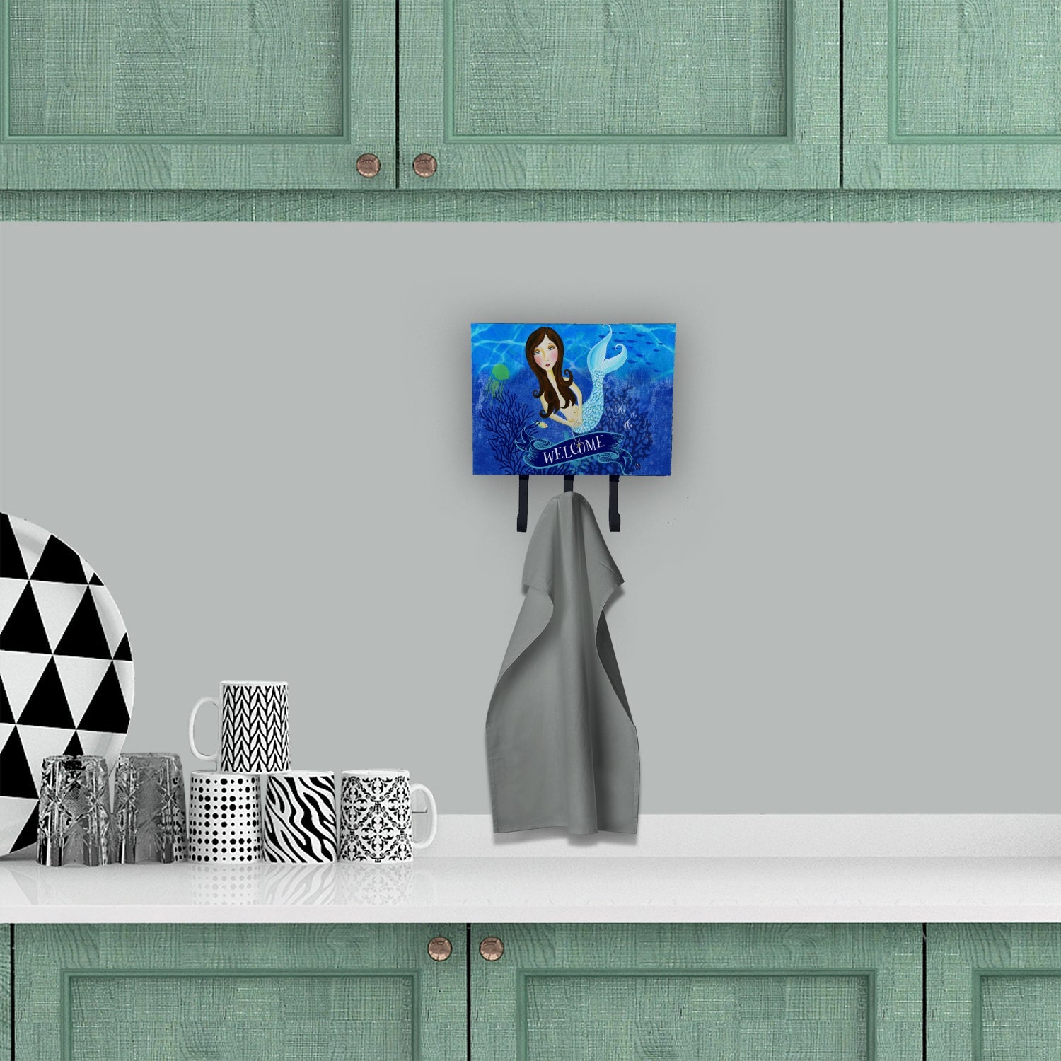 Welcome Mermaid Leash or Key Holder Wall Hooks, Coat Rack Wall Mount, for Hanging Keys, Towels, Aprons, Leashes