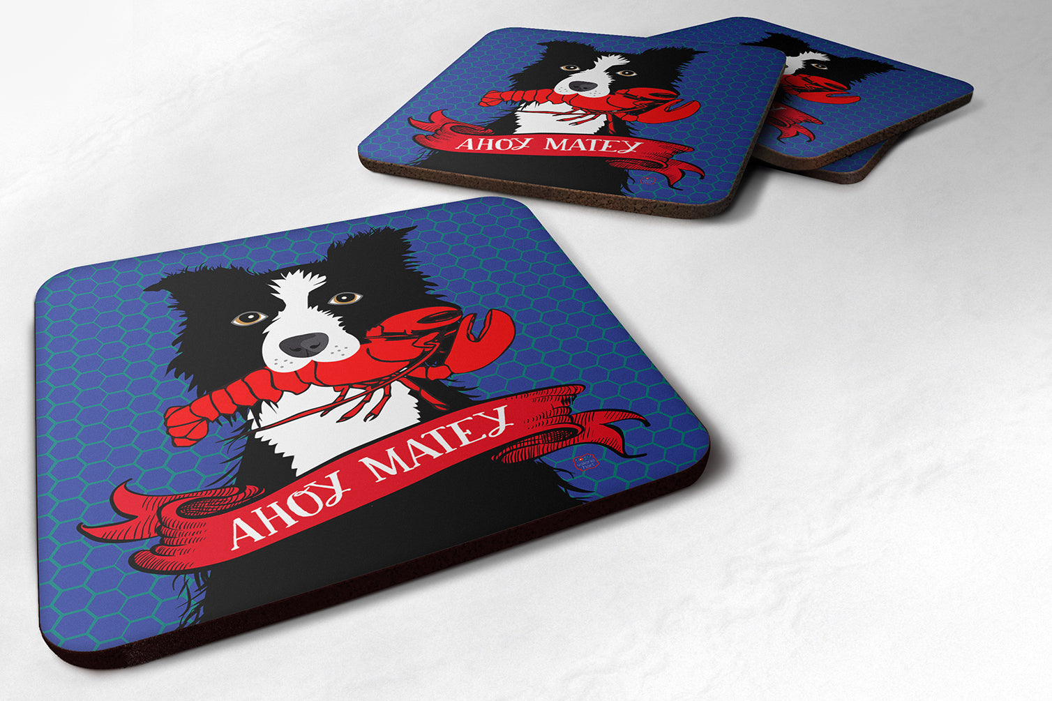 Ahoy Matey Nautical Border Collie Foam Coasters Set of 4 Cup Coasters for Indoor Outdoor, Tabletop Protection, Anti Slip, Mouse pad Material