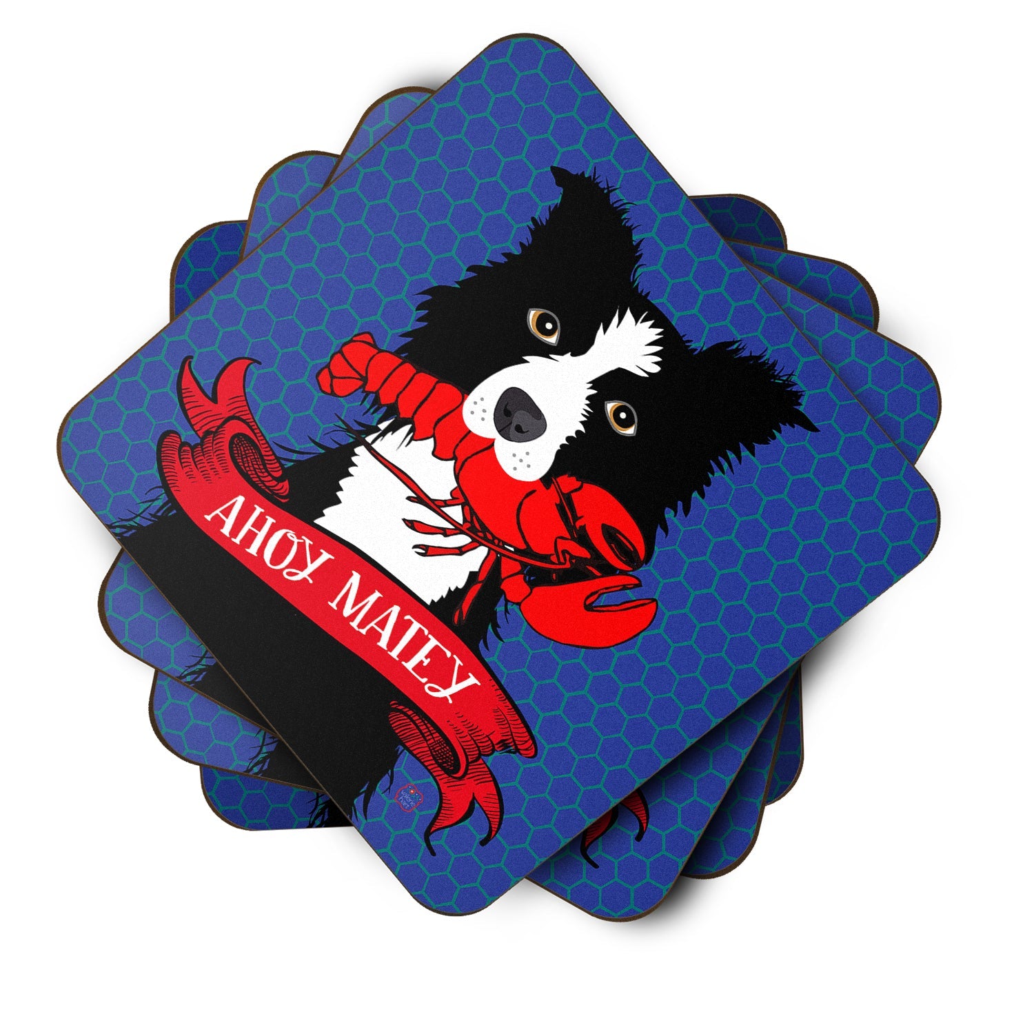 Ahoy Matey Nautical Border Collie Foam Coasters Set of 4 Cup Coasters for Indoor Outdoor, Tabletop Protection, Anti Slip, Mouse pad Material