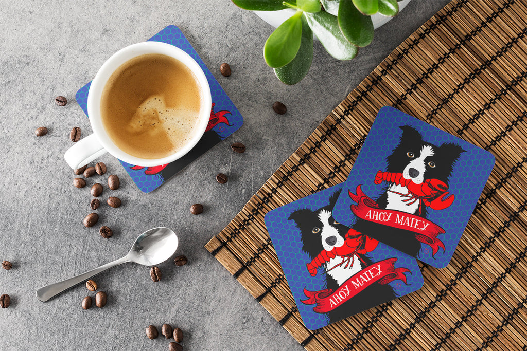 Ahoy Matey Nautical Border Collie Foam Coasters Set of 4 Cup Coasters for Indoor Outdoor, Tabletop Protection, Anti Slip, Mouse pad Material