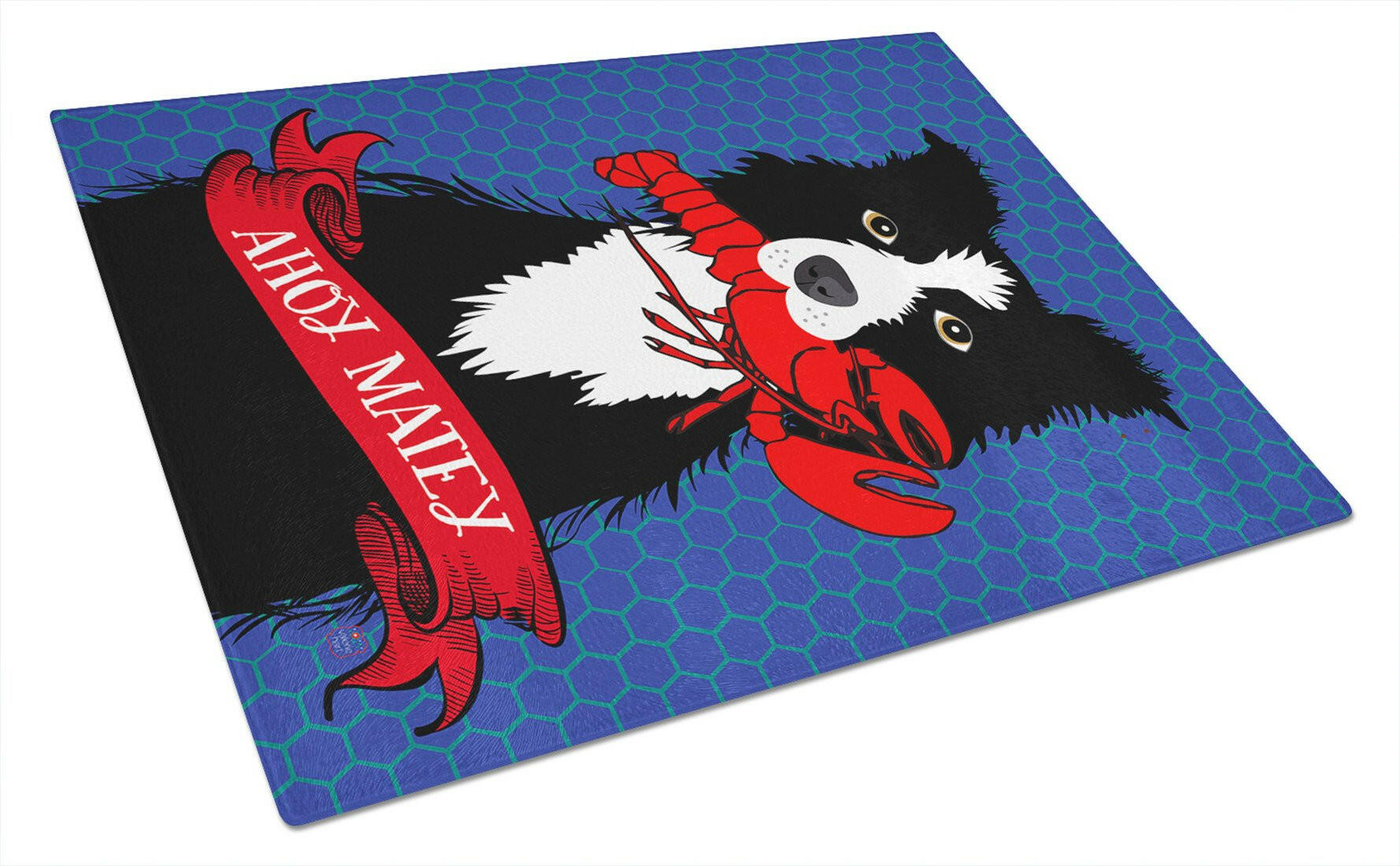 Ahoy Matey Nautical Border Collie Cutting Board Tempered Glass Kitchen Cutting Surface, Heat Resistant Chopping, Non-Slip Feet, Food Prep & Serving