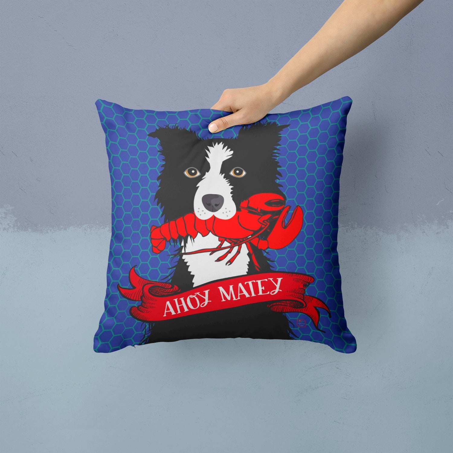 Ahoy Matey Nautical Border Collie Decorative Throw Pillow 14x14 Indoor Outdoor Accent Cushion, Fabric Cover with Insert for Sofa, Bed, Porch & Living Room