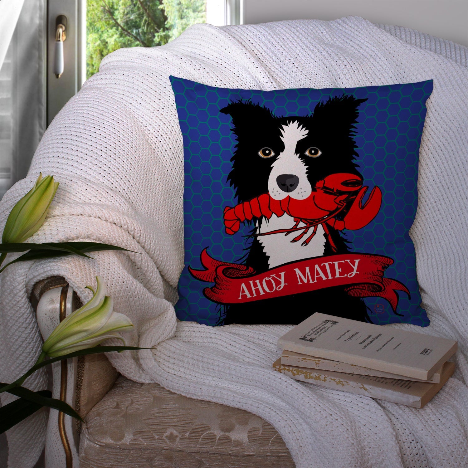 Ahoy Matey Nautical Border Collie Decorative Throw Pillow 14x14 Indoor Outdoor Accent Cushion, Fabric Cover with Insert for Sofa, Bed, Porch & Living Room