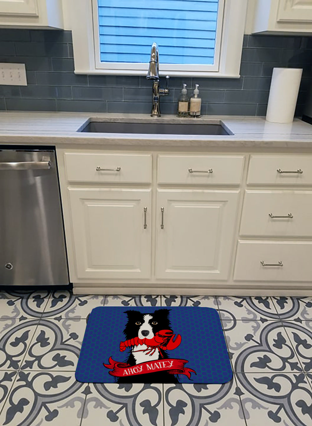 Ahoy Matey Nautical Border Collie Memory Foam Kitchen Mat Machine Washable Anti-Fatigue Cushion Comfort Bath or Kitchen Rug