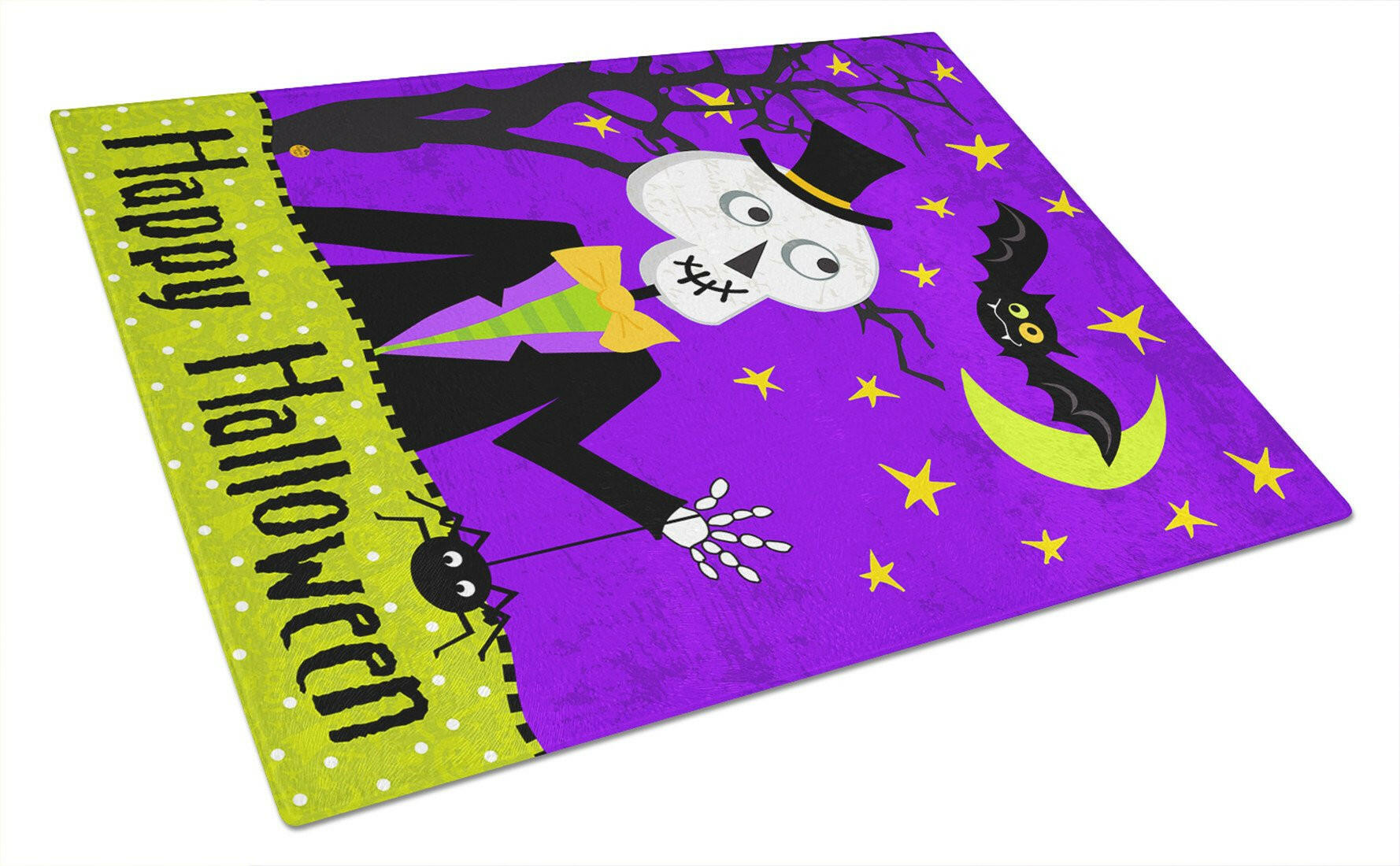 Happy Halloween Skeleton Cutting Board Tempered Glass Kitchen Cutting Surface, Heat Resistant Chopping, Non-Slip Feet, Food Prep & Serving