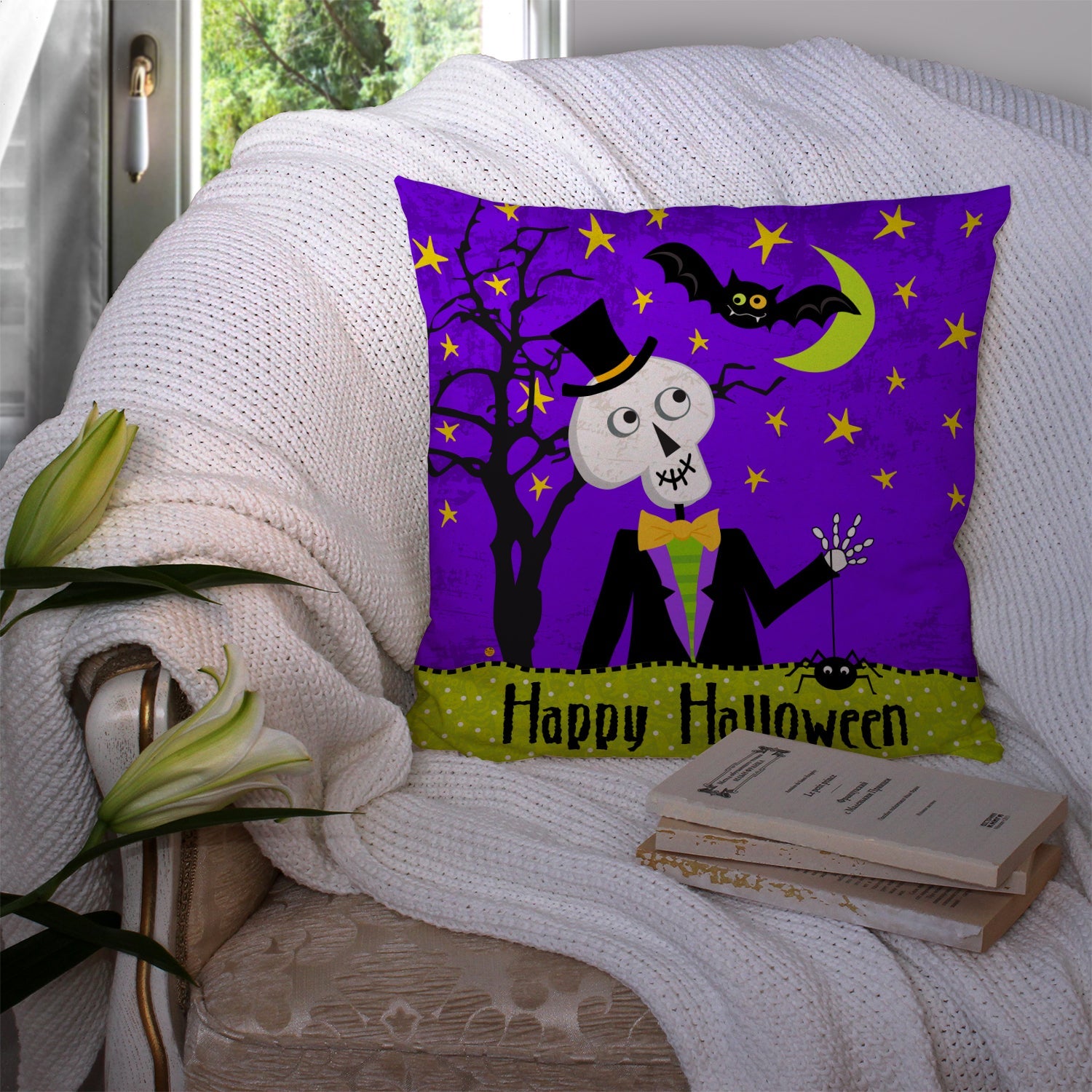 Happy Halloween Skeleton Decorative Throw Pillow 14x14 Indoor Outdoor Accent Cushion, Fabric Cover with Insert for Sofa, Bed, Porch & Living Room