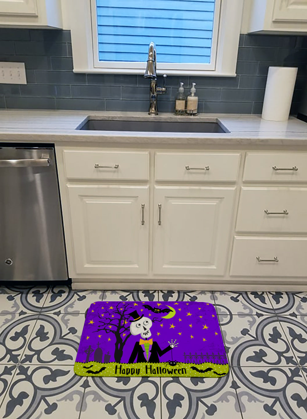 Happy Halloween Skeleton Memory Foam Kitchen Mat Machine Washable Anti-Fatigue Cushion Comfort Bath or Kitchen Rug