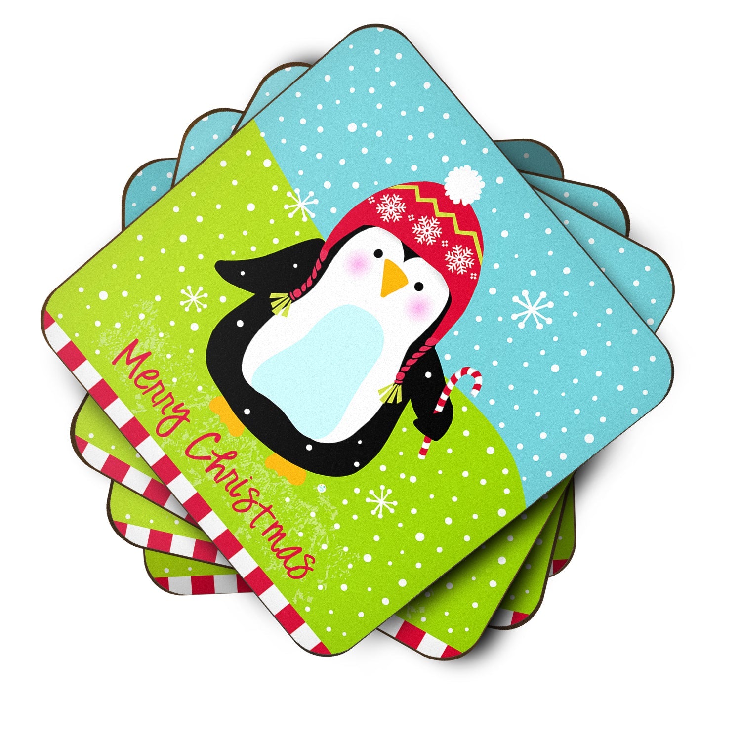 Merry Christmas Happy Penguin Foam Coasters Set of 4 Cup Coasters for Indoor Outdoor, Tabletop Protection, Anti Slip, Mouse pad Material