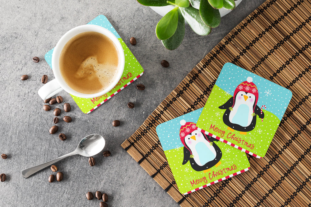 Merry Christmas Happy Penguin Foam Coasters Set of 4 Cup Coasters for Indoor Outdoor, Tabletop Protection, Anti Slip, Mouse pad Material