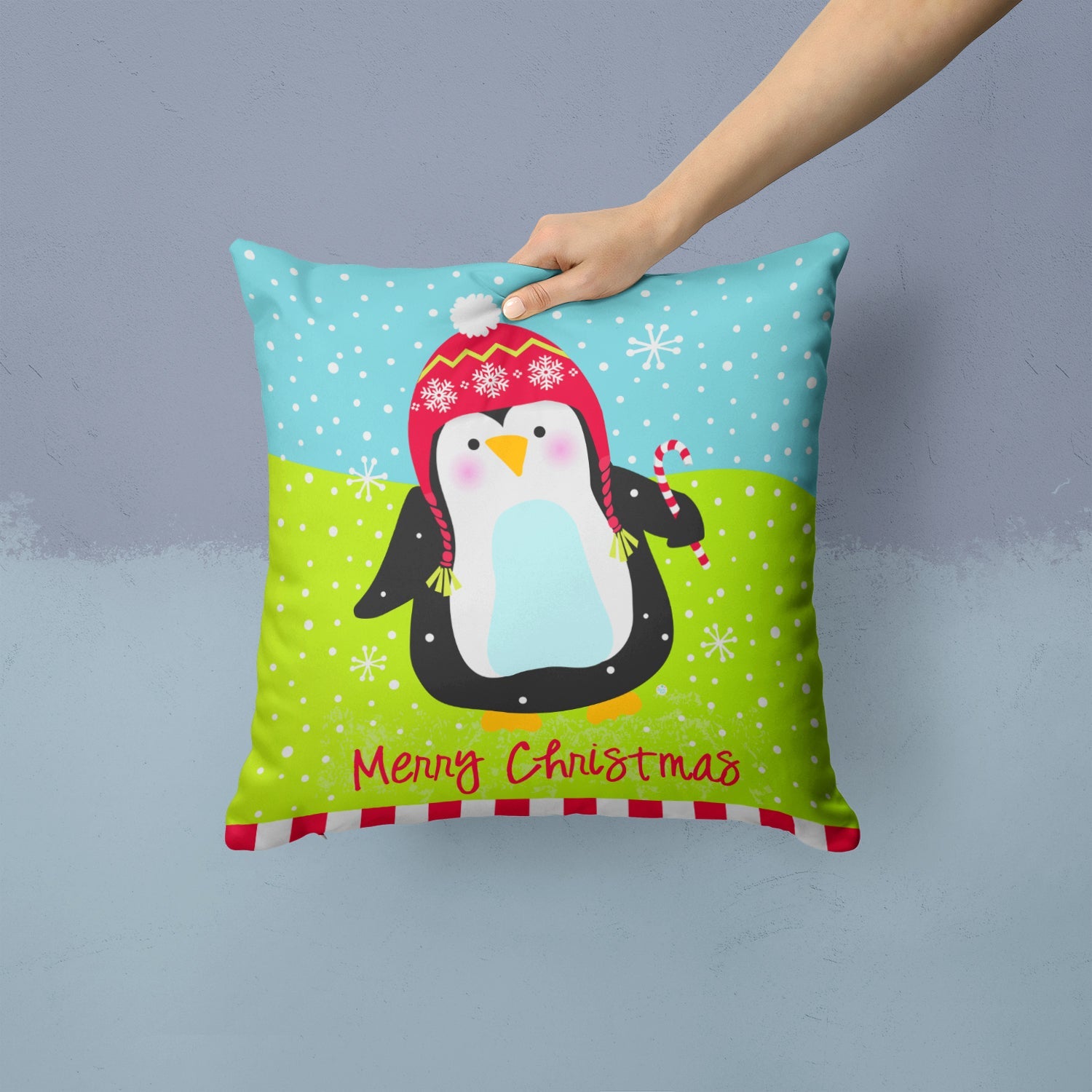 Merry Christmas Happy Penguin Decorative Throw Pillow 14x14 Indoor Outdoor Accent Cushion, Fabric Cover with Insert for Sofa, Bed, Porch & Living Room