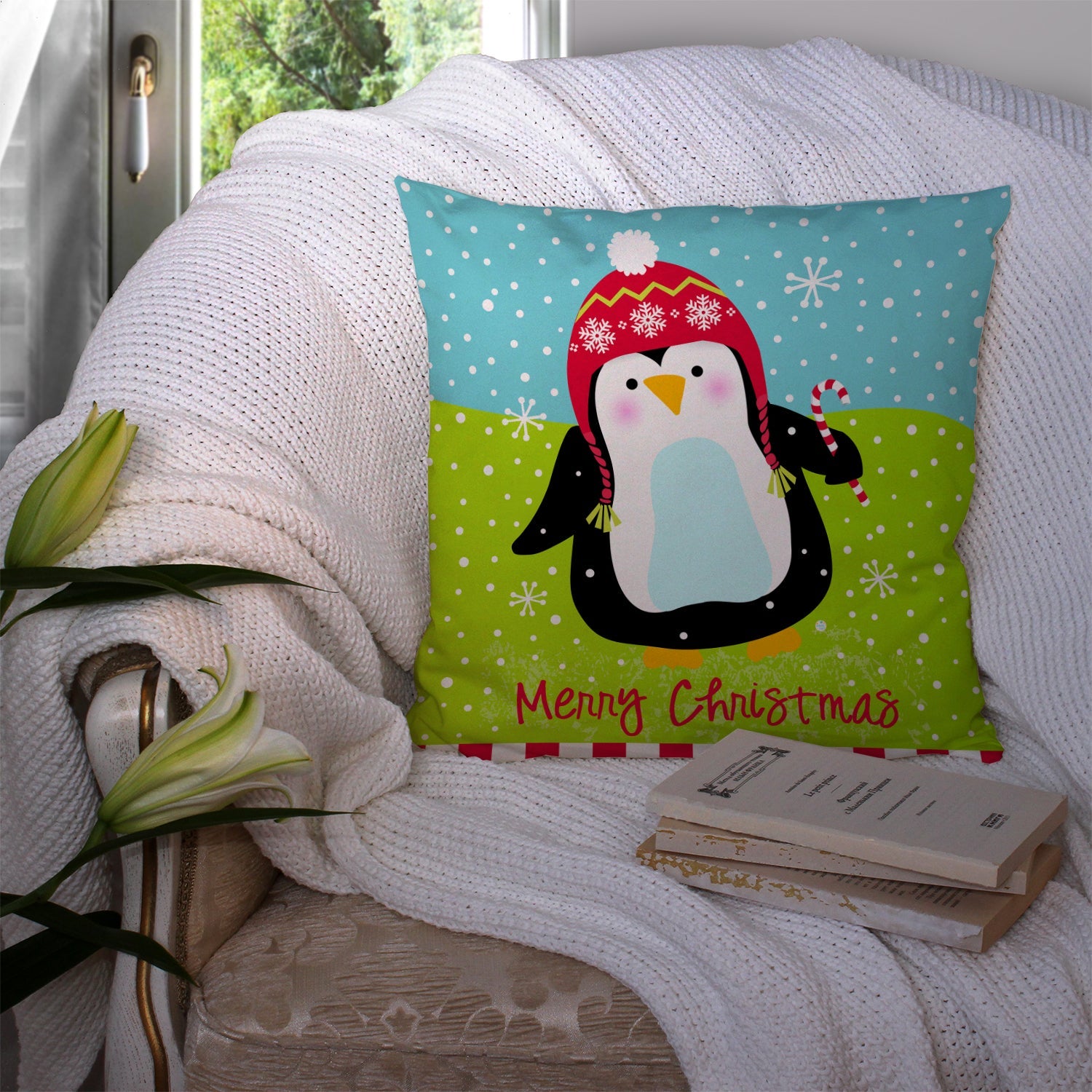 Merry Christmas Happy Penguin Decorative Throw Pillow 14x14 Indoor Outdoor Accent Cushion, Fabric Cover with Insert for Sofa, Bed, Porch & Living Room