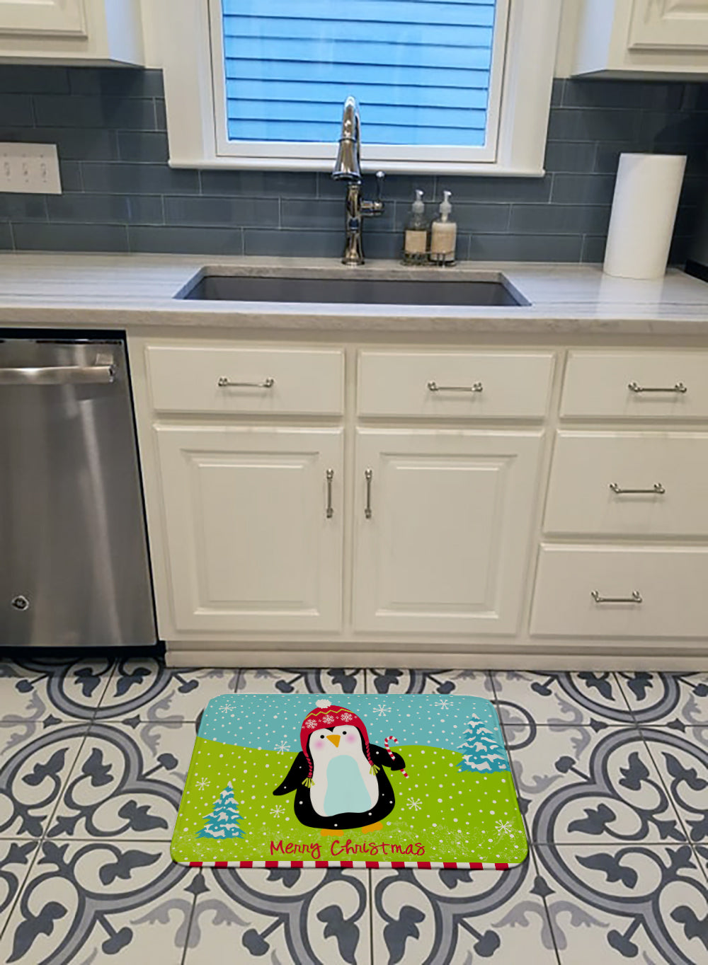 Merry Christmas Happy Penguin Memory Foam Kitchen Mat Machine Washable Anti-Fatigue Cushion Comfort Bath or Kitchen Rug
