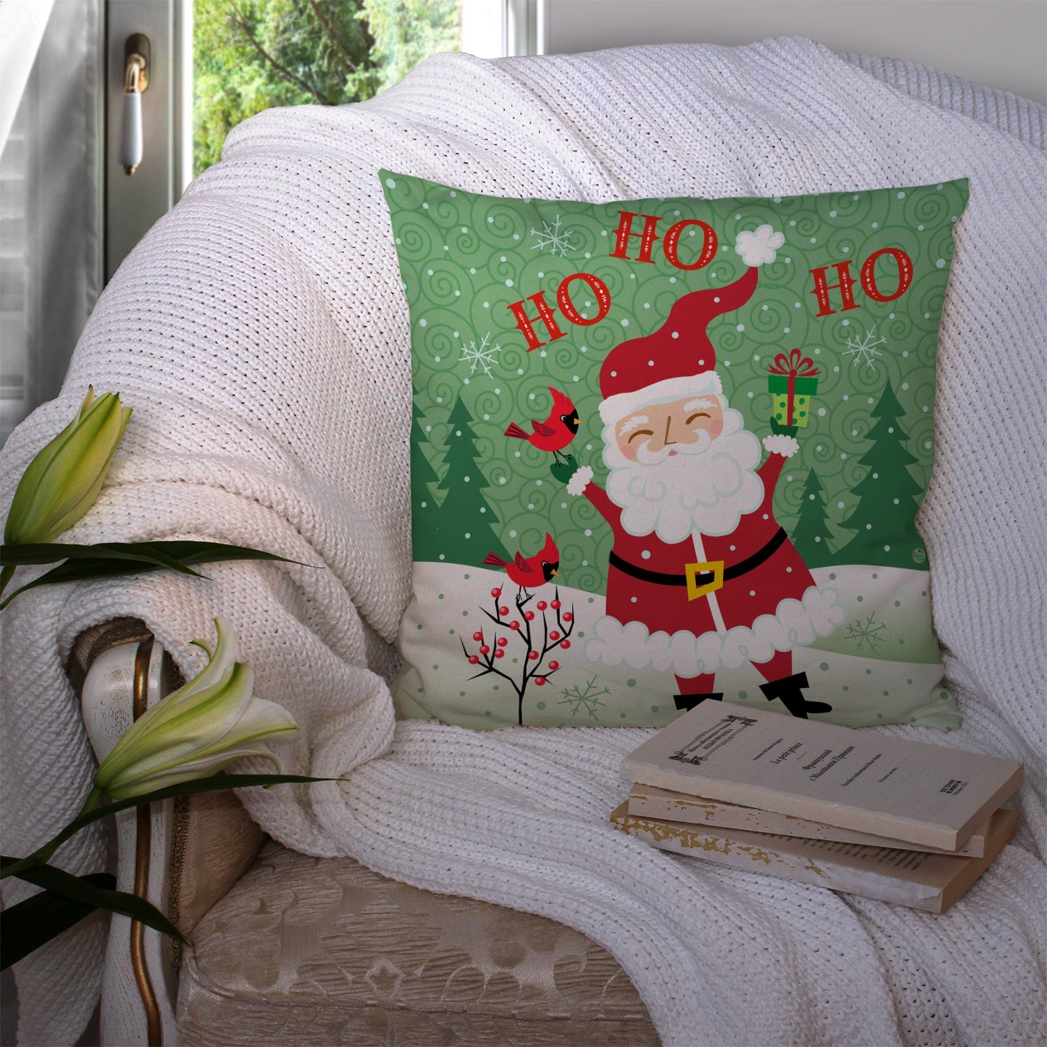 Merry Christmas Santa Claus Ho Ho Ho Decorative Throw Pillow 14x14 Indoor Outdoor Accent Cushion, Fabric Cover with Insert for Sofa, Bed, Porch & Living Room