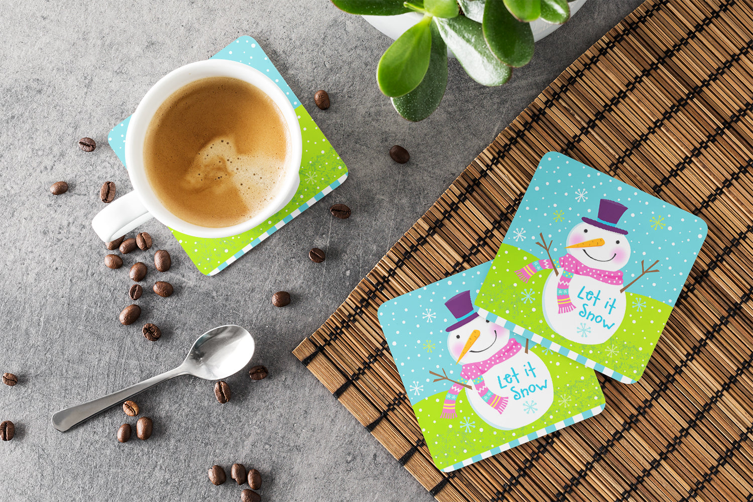 Christmas Snowman Let it Snow Foam Coasters Set of 4 Cup Coasters for Indoor Outdoor, Tabletop Protection, Anti Slip, Mouse pad Material