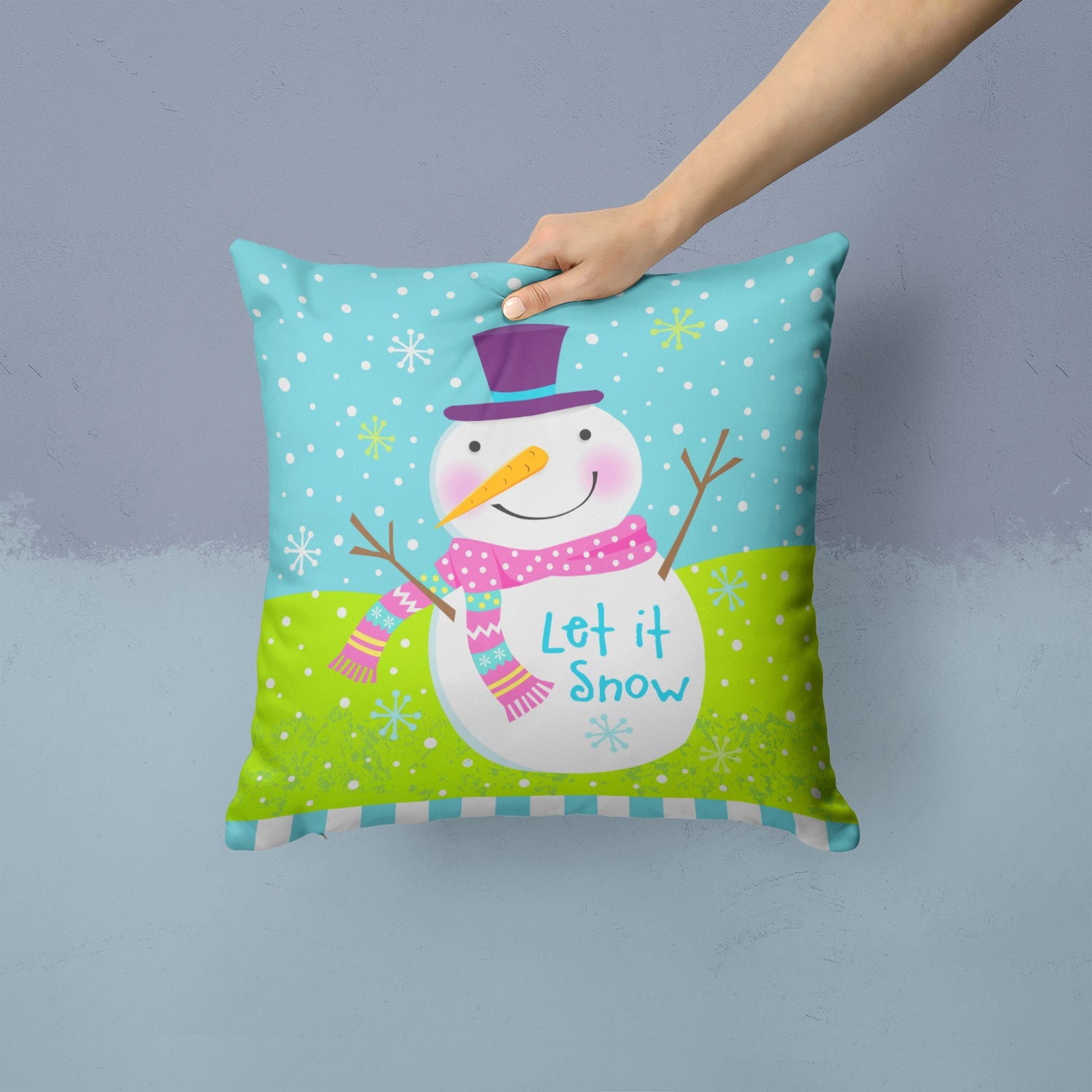 Christmas Snowman Let it Snow Decorative Throw Pillow 14x14 Indoor Outdoor Accent Cushion, Fabric Cover with Insert for Sofa, Bed, Porch & Living Room
