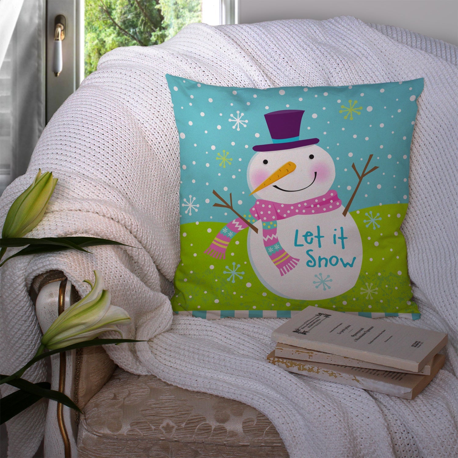 Christmas Snowman Let it Snow Decorative Throw Pillow 14x14 Indoor Outdoor Accent Cushion, Fabric Cover with Insert for Sofa, Bed, Porch & Living Room