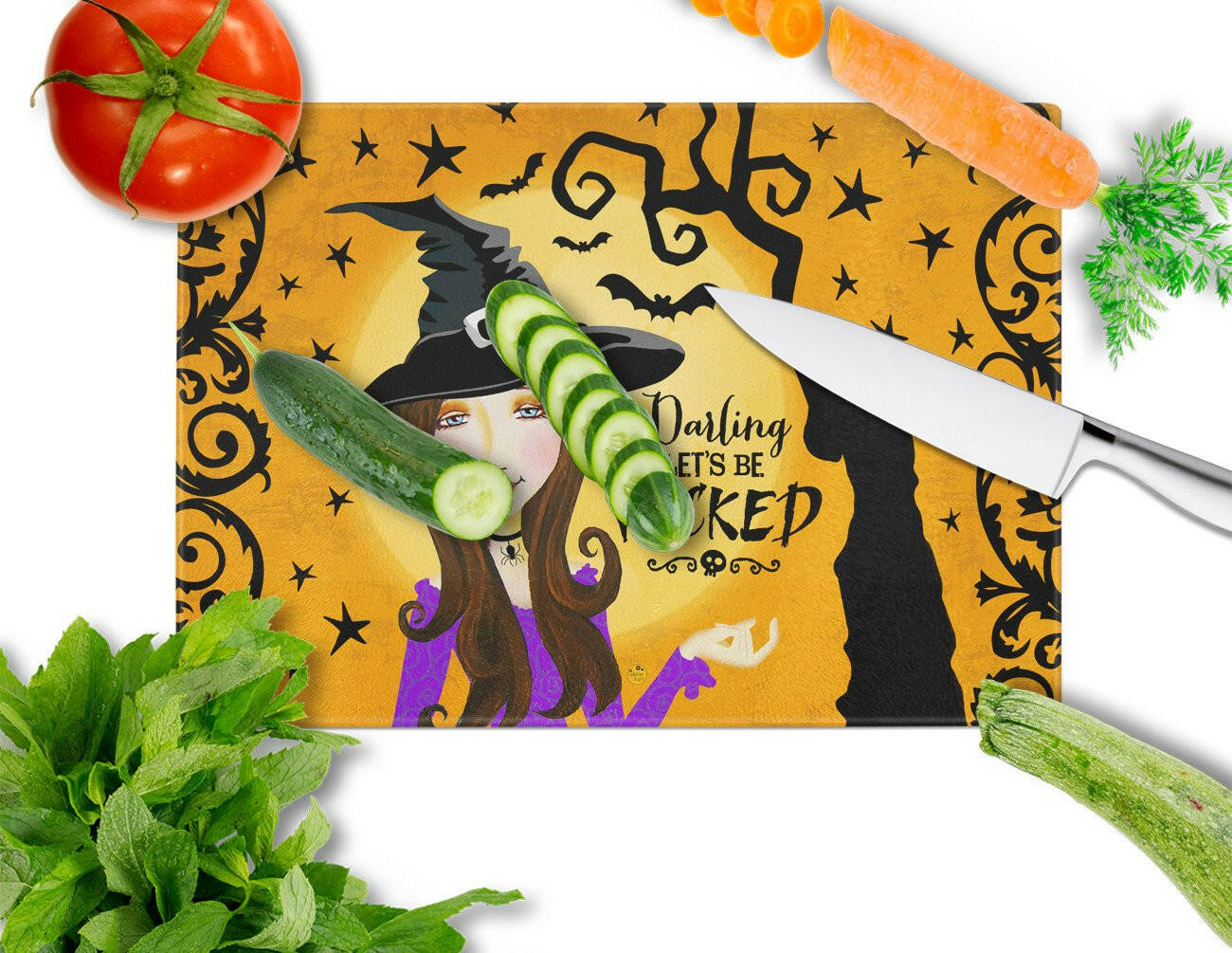Halloween Wicked Witch Cutting Board Tempered Glass Kitchen Cutting Surface, Heat Resistant Chopping, Non-Slip Feet, Food Prep & Serving