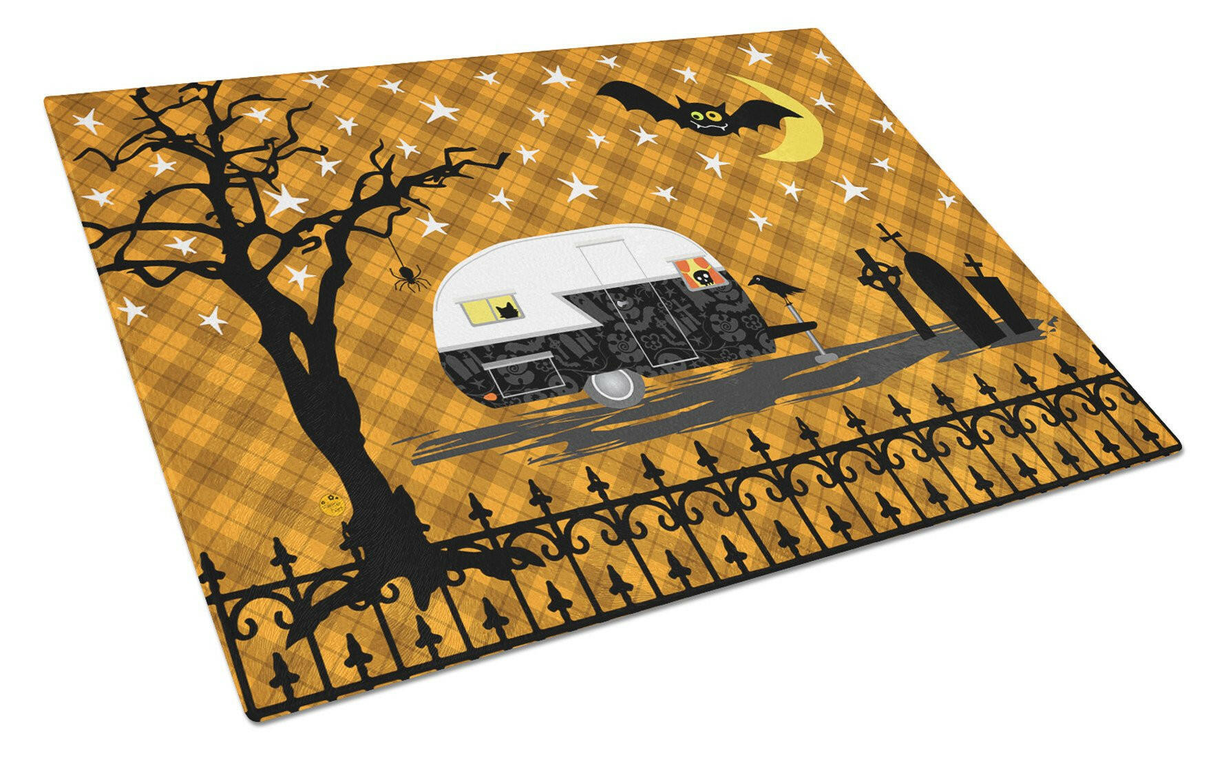 Halloween Vintage Camper Cutting Board Tempered Glass Kitchen Cutting Surface, Heat Resistant Chopping, Non-Slip Feet, Food Prep & Serving