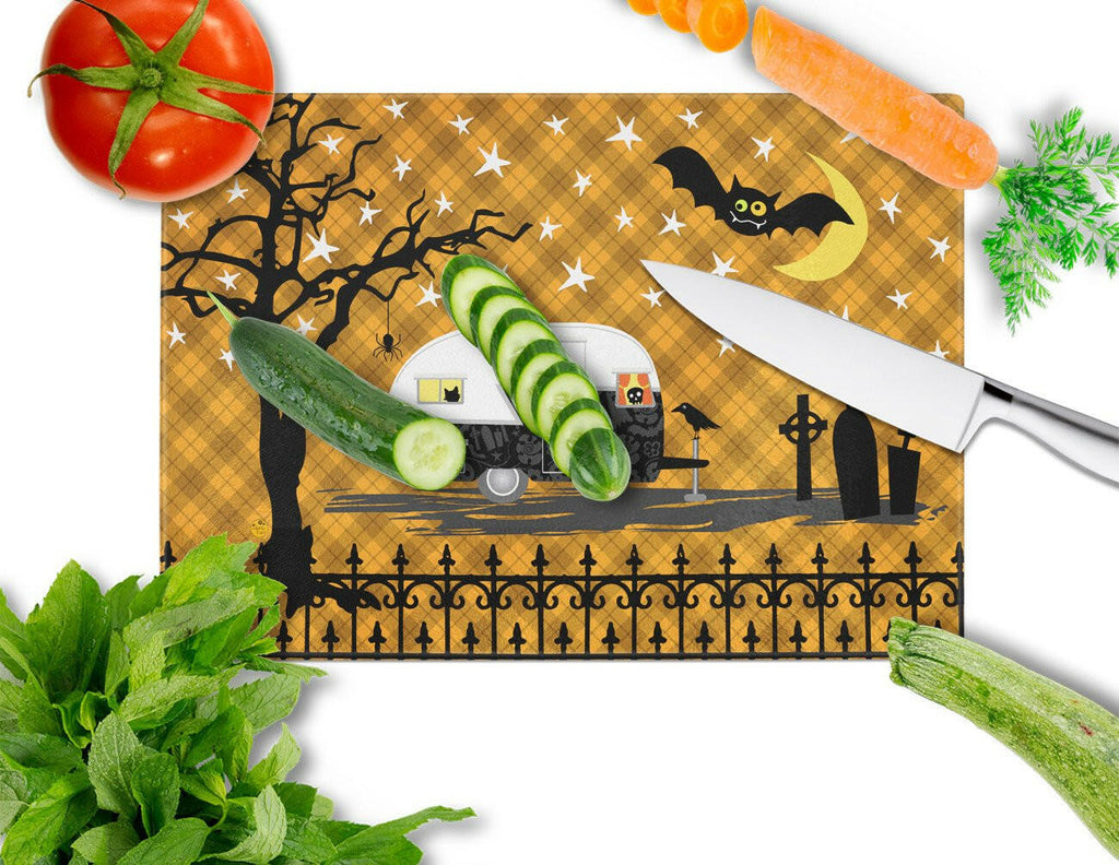 Halloween Vintage Camper Cutting Board Tempered Glass Kitchen Cutting Surface, Heat Resistant Chopping, Non-Slip Feet, Food Prep & Serving