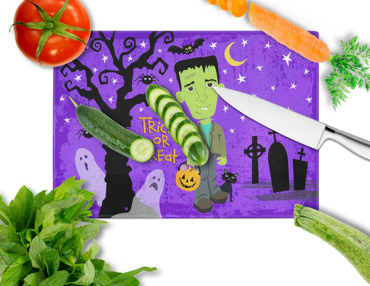 Halloween Frankie Frankenstein Cutting Board Tempered Glass Kitchen Cutting Surface, Heat Resistant Chopping, Non-Slip Feet, Food Prep & Serving