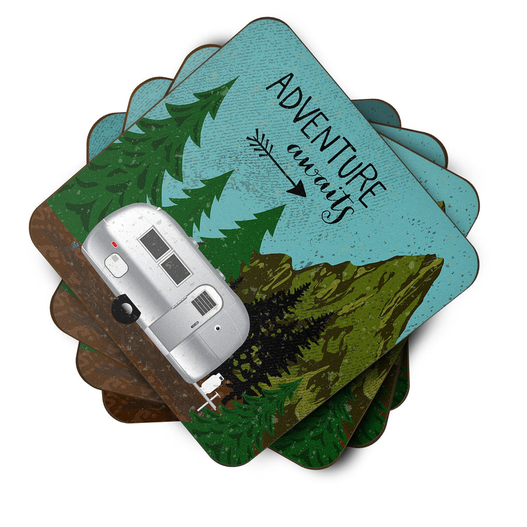 Airstream Camper Adventure Awaits Foam Coasters Set of 4 Cup Coasters for Indoor Outdoor, Tabletop Protection, Anti Slip, Mouse pad Material