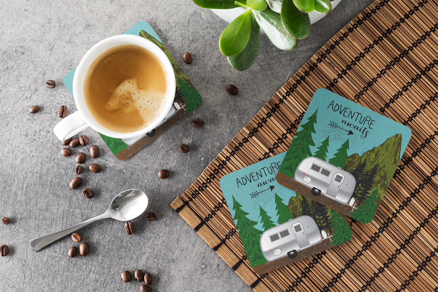 Airstream Camper Adventure Awaits Foam Coasters Set of 4 Cup Coasters for Indoor Outdoor, Tabletop Protection, Anti Slip, Mouse pad Material