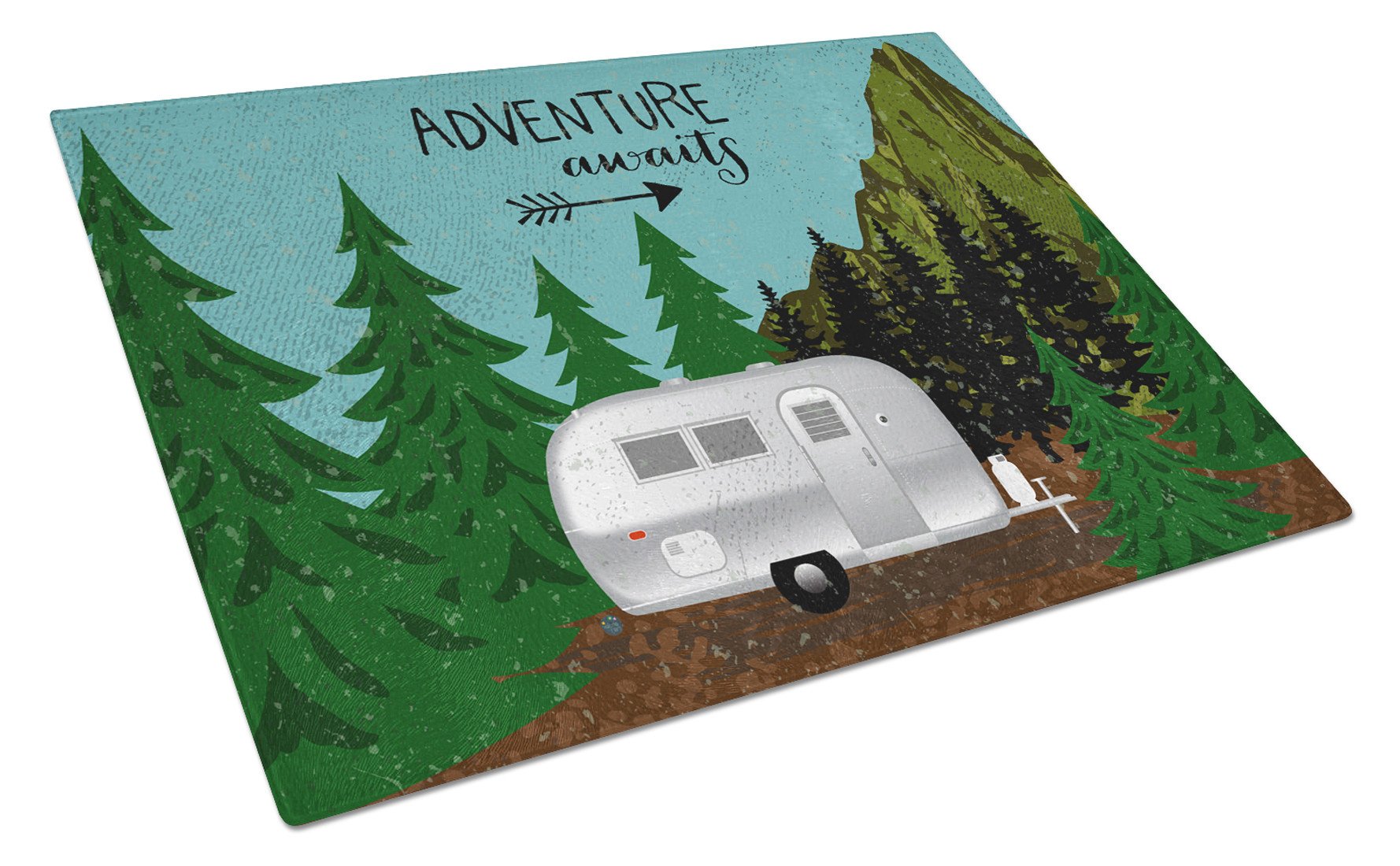Airstream Camper Adventure Awaits Cutting Board Tempered Glass Kitchen Cutting Surface, Heat Resistant Chopping, Non-Slip Feet, Food Prep & Serving