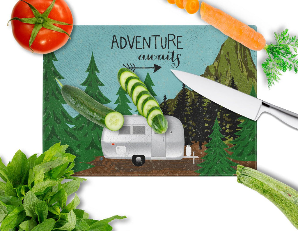 Airstream Camper Adventure Awaits Cutting Board Tempered Glass Kitchen Cutting Surface, Heat Resistant Chopping, Non-Slip Feet, Food Prep & Serving