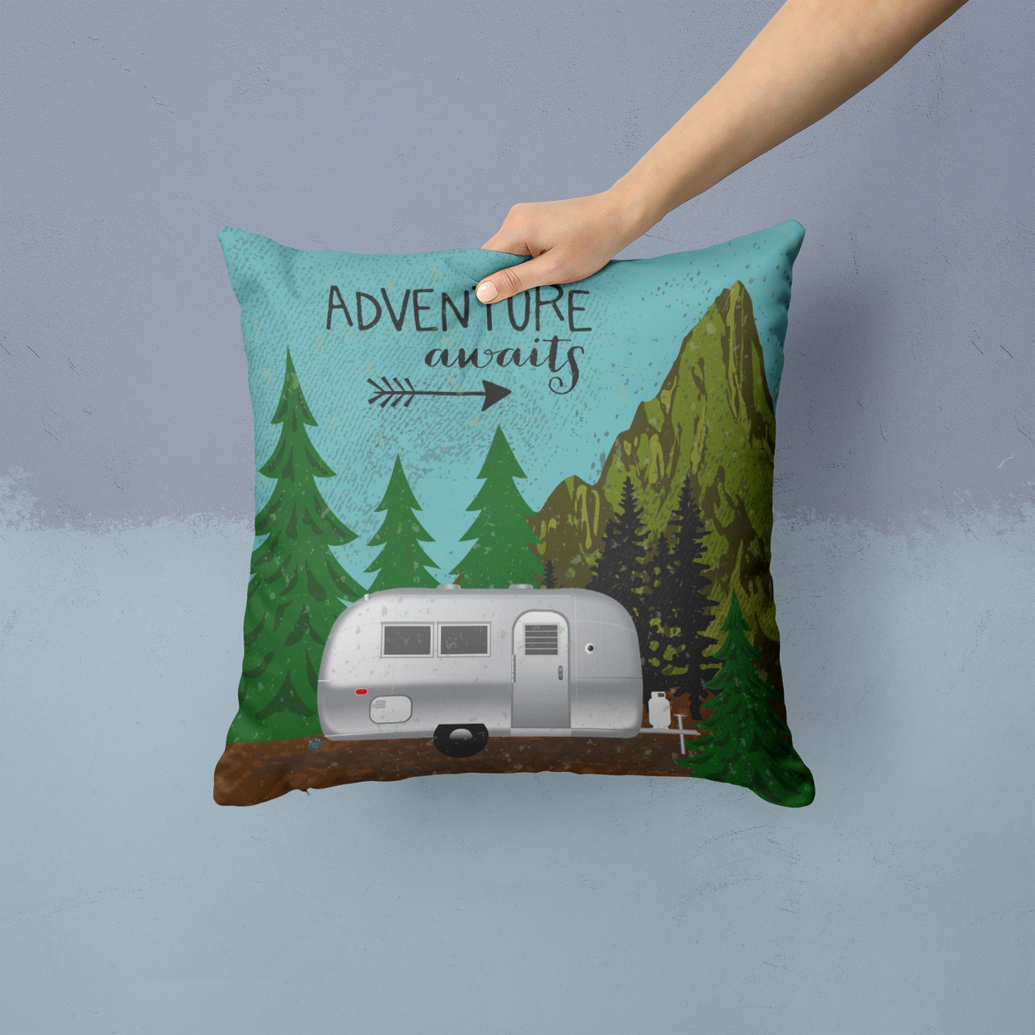 Airstream Camper Adventure Awaits Decorative Throw Pillow 14x14 Indoor Outdoor Accent Cushion, Fabric Cover with Insert for Sofa, Bed, Porch & Living Room