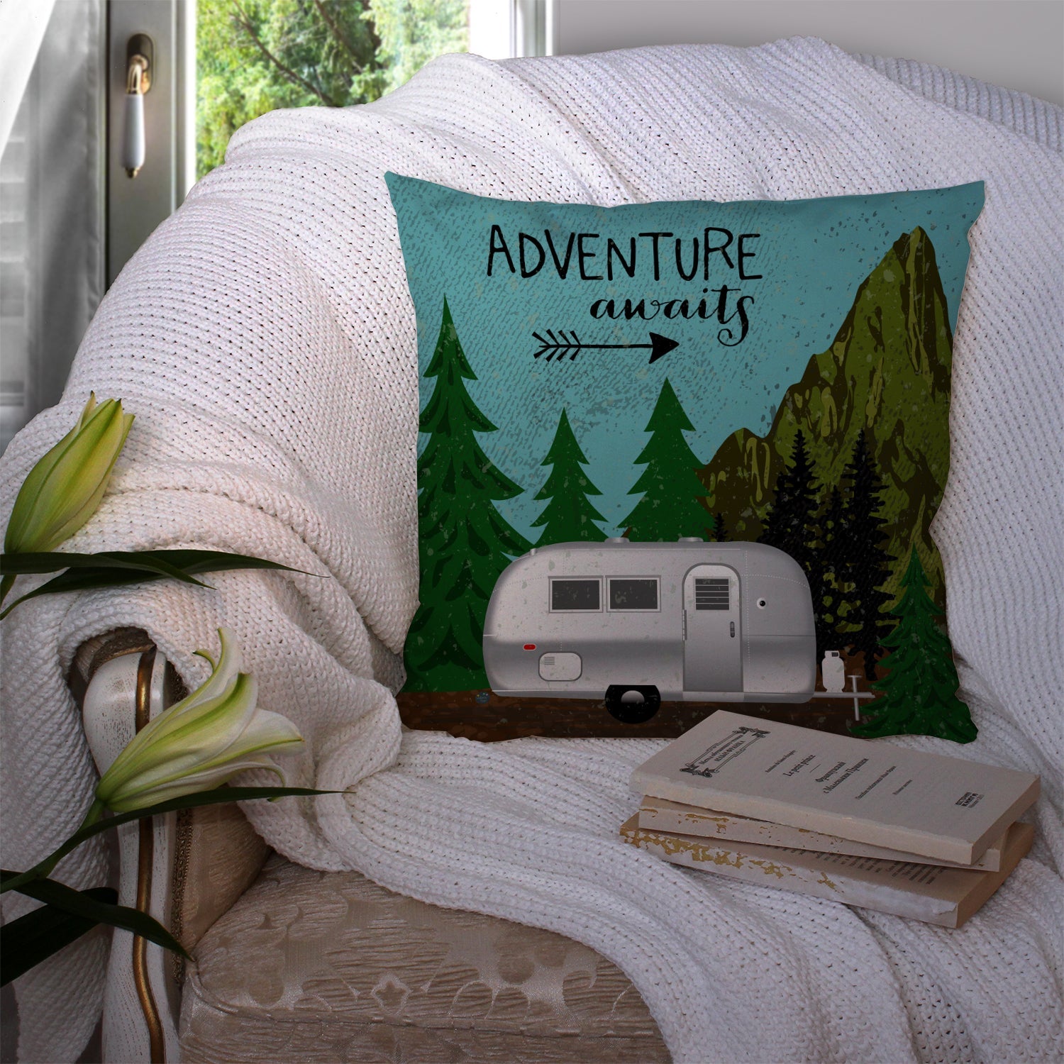 Airstream Camper Adventure Awaits Decorative Throw Pillow 14x14 Indoor Outdoor Accent Cushion, Fabric Cover with Insert for Sofa, Bed, Porch & Living Room