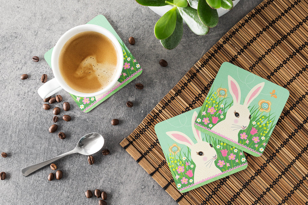 Easter Bunny Rabbit Foam Coasters Set of 4 Cup Coasters for Indoor Outdoor, Tabletop Protection, Anti Slip, Mouse pad Material