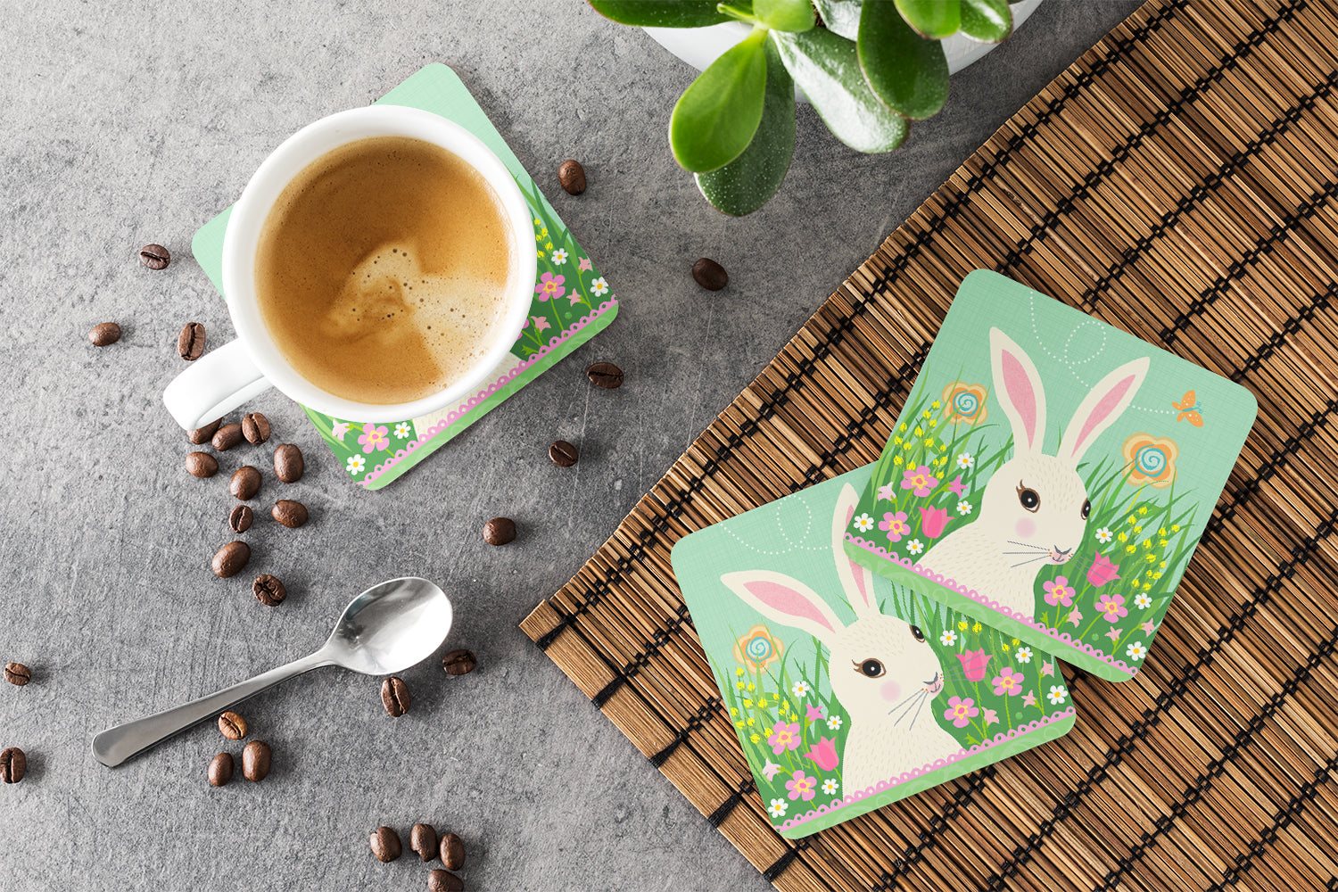 Easter Bunny Rabbit Foam Coasters Set of 4 Cup Coasters for Indoor Outdoor, Tabletop Protection, Anti Slip, Mouse pad Material