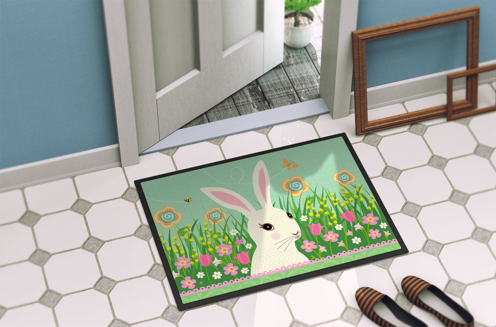 Easter Bunny Rabbit Doormat Indoor Outdoor 24H X 36W Front Door Mat Rugs for Entryway, Non Slip Washable Low Pile,