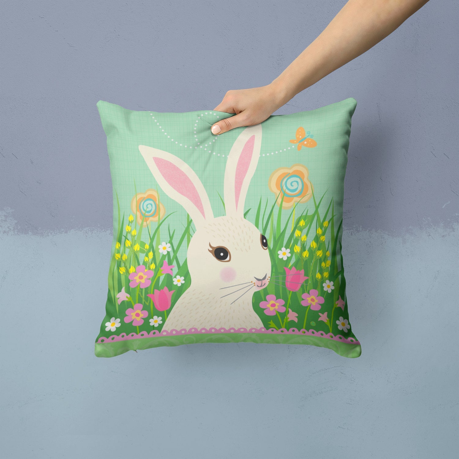 Easter Bunny Rabbit Decorative Throw Pillow 14x14 Indoor Outdoor Accent Cushion, Fabric Cover with Insert for Sofa, Bed, Porch & Living Room