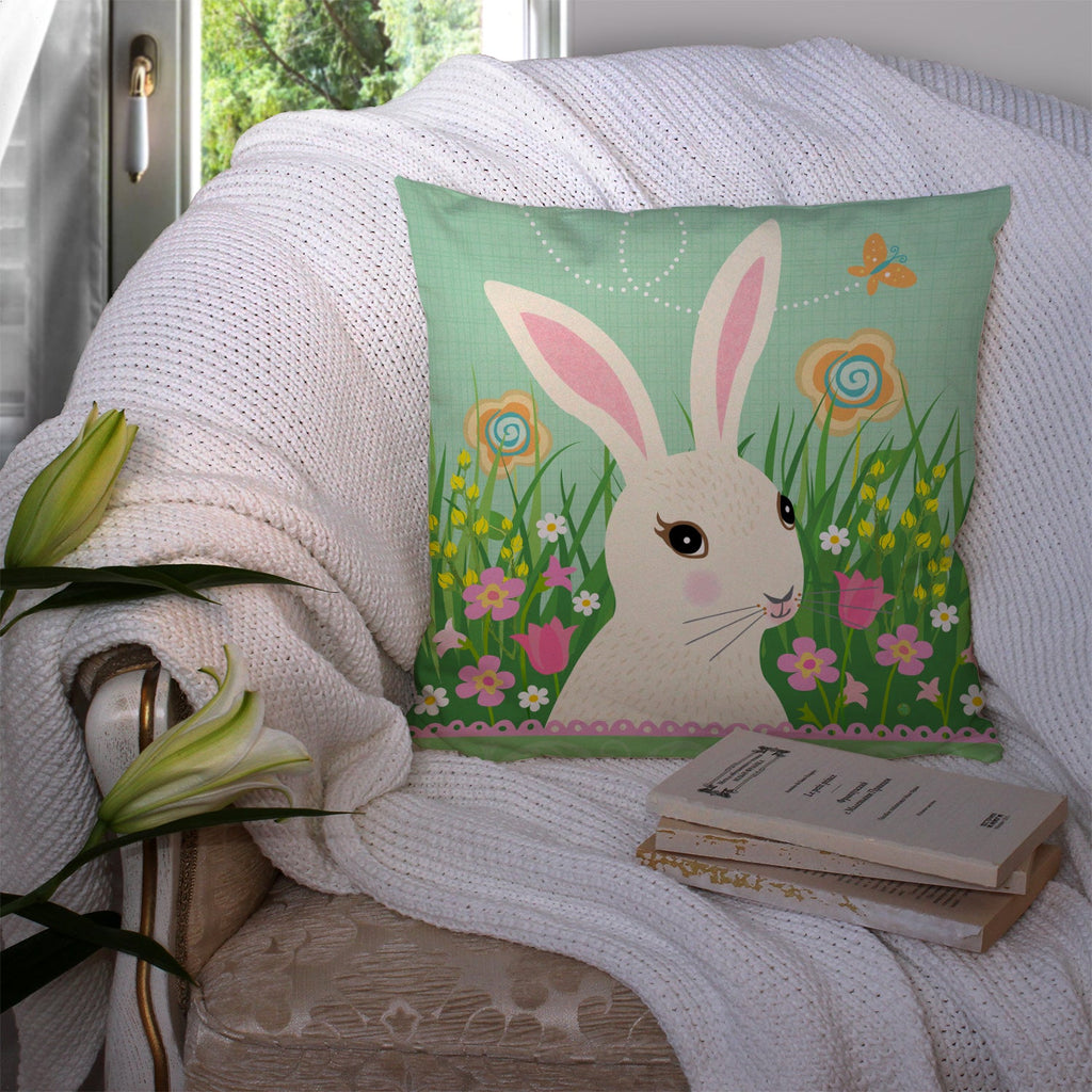 Easter Bunny Rabbit Decorative Throw Pillow 14x14 Indoor Outdoor Accent Cushion, Fabric Cover with Insert for Sofa, Bed, Porch & Living Room