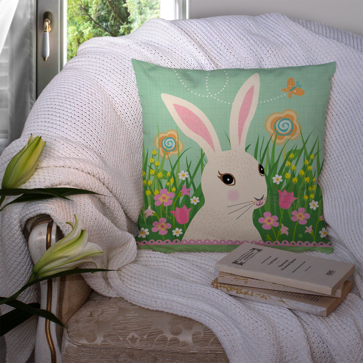 Easter Bunny Rabbit Decorative Throw Pillow 14x14 Indoor Outdoor Accent Cushion, Fabric Cover with Insert for Sofa, Bed, Porch & Living Room