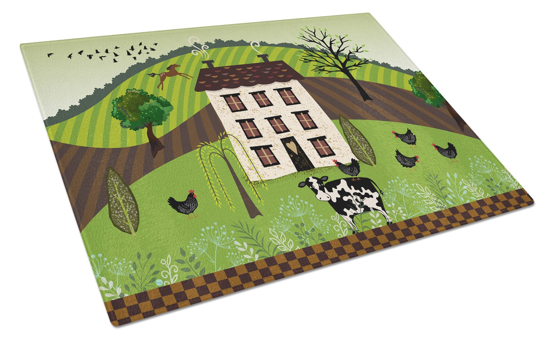 Folk Art Country House Cutting Board Tempered Glass Kitchen Cutting Surface, Heat Resistant Chopping, Non-Slip Feet, Food Prep & Serving