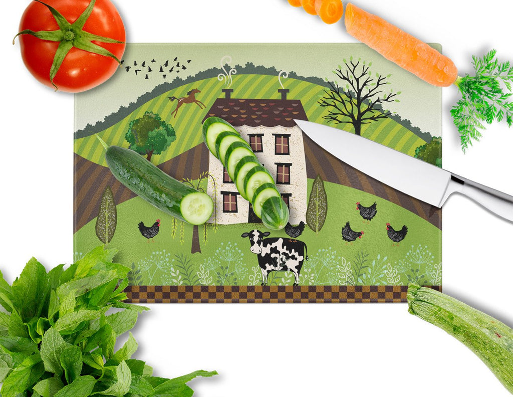 Folk Art Country House Cutting Board Tempered Glass Kitchen Cutting Surface, Heat Resistant Chopping, Non-Slip Feet, Food Prep & Serving