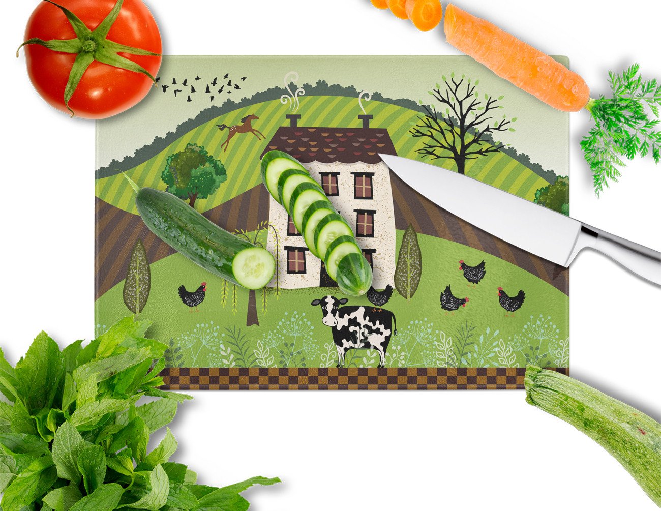 Folk Art Country House Cutting Board Tempered Glass Kitchen Cutting Surface, Heat Resistant Chopping, Non-Slip Feet, Food Prep & Serving
