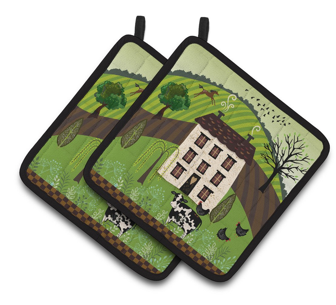 Folk Art Country House Pot Holder Set of 2 Heat Resistant Quilted Hot Pads 7.5 x 7.5 Inch, Insulated Kitchen Trivets for Cooking & Baking