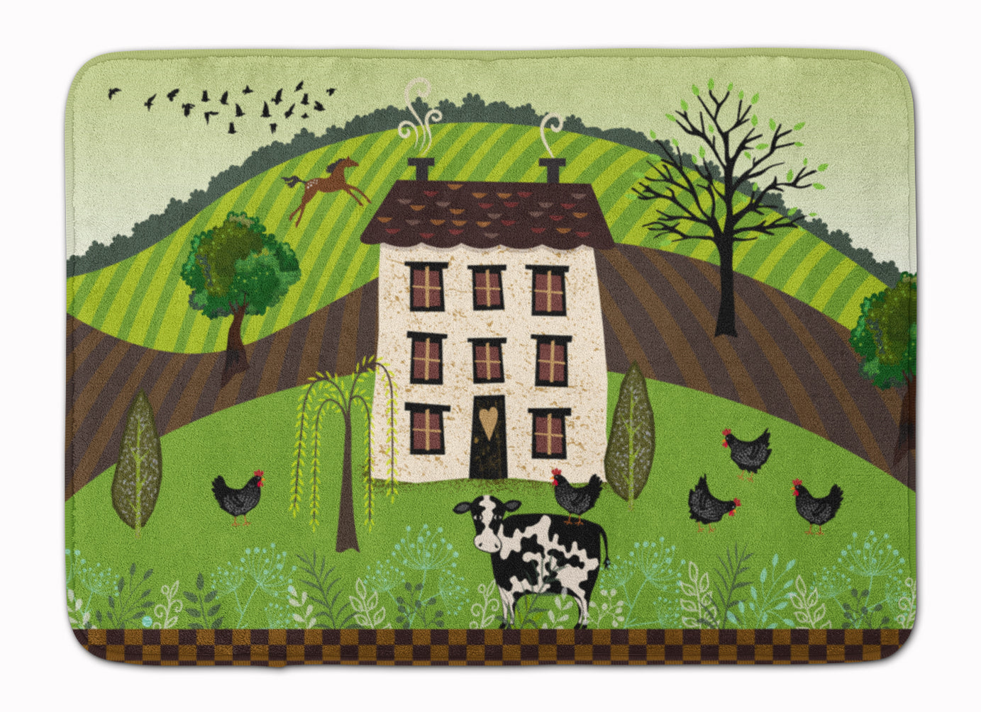 Folk Art Country House Memory Foam Kitchen Mat Machine Washable Anti-Fatigue Cushion Comfort Bath or Kitchen Rug