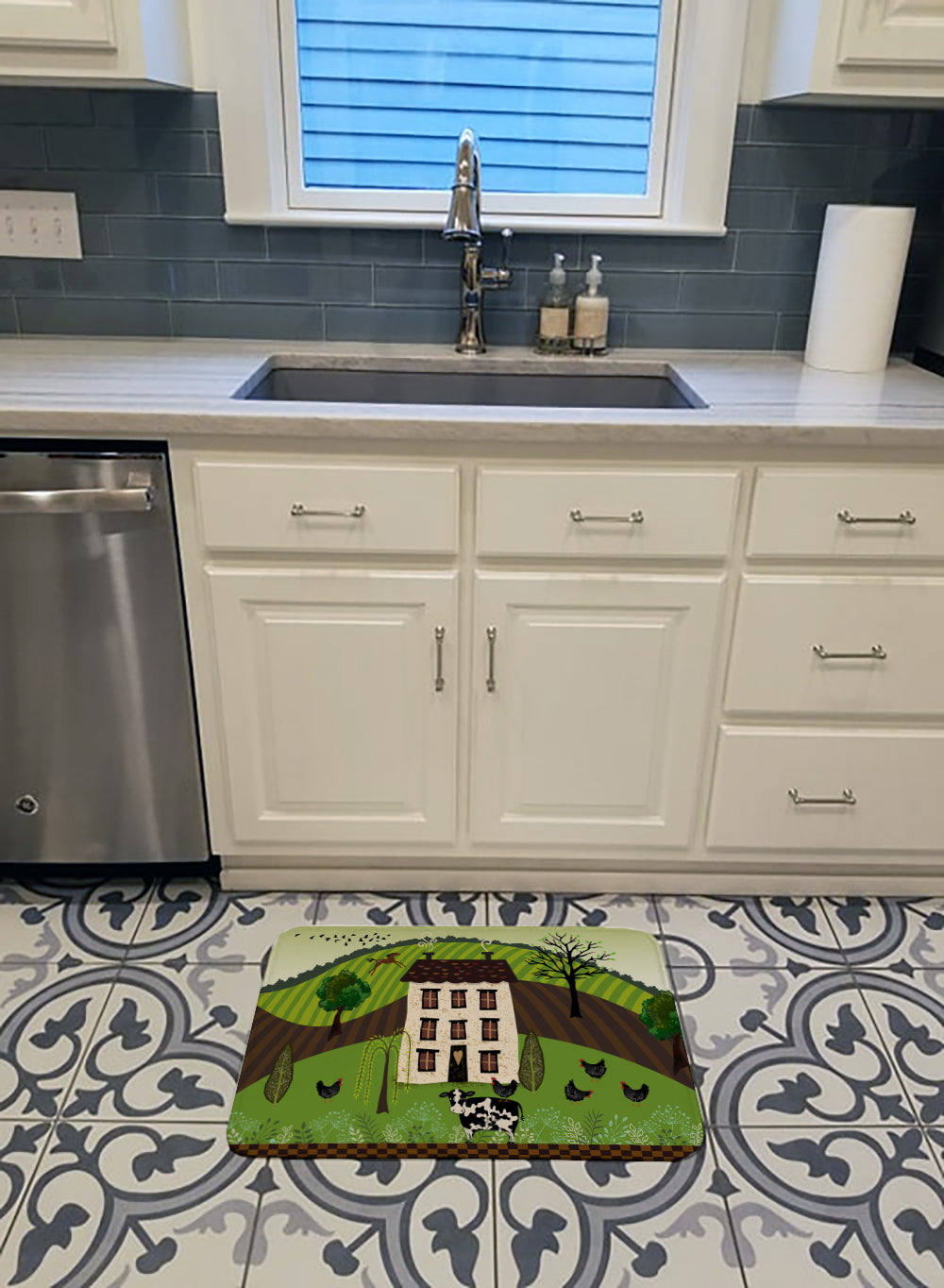 Folk Art Country House Memory Foam Kitchen Mat Machine Washable Anti-Fatigue Cushion Comfort Bath or Kitchen Rug