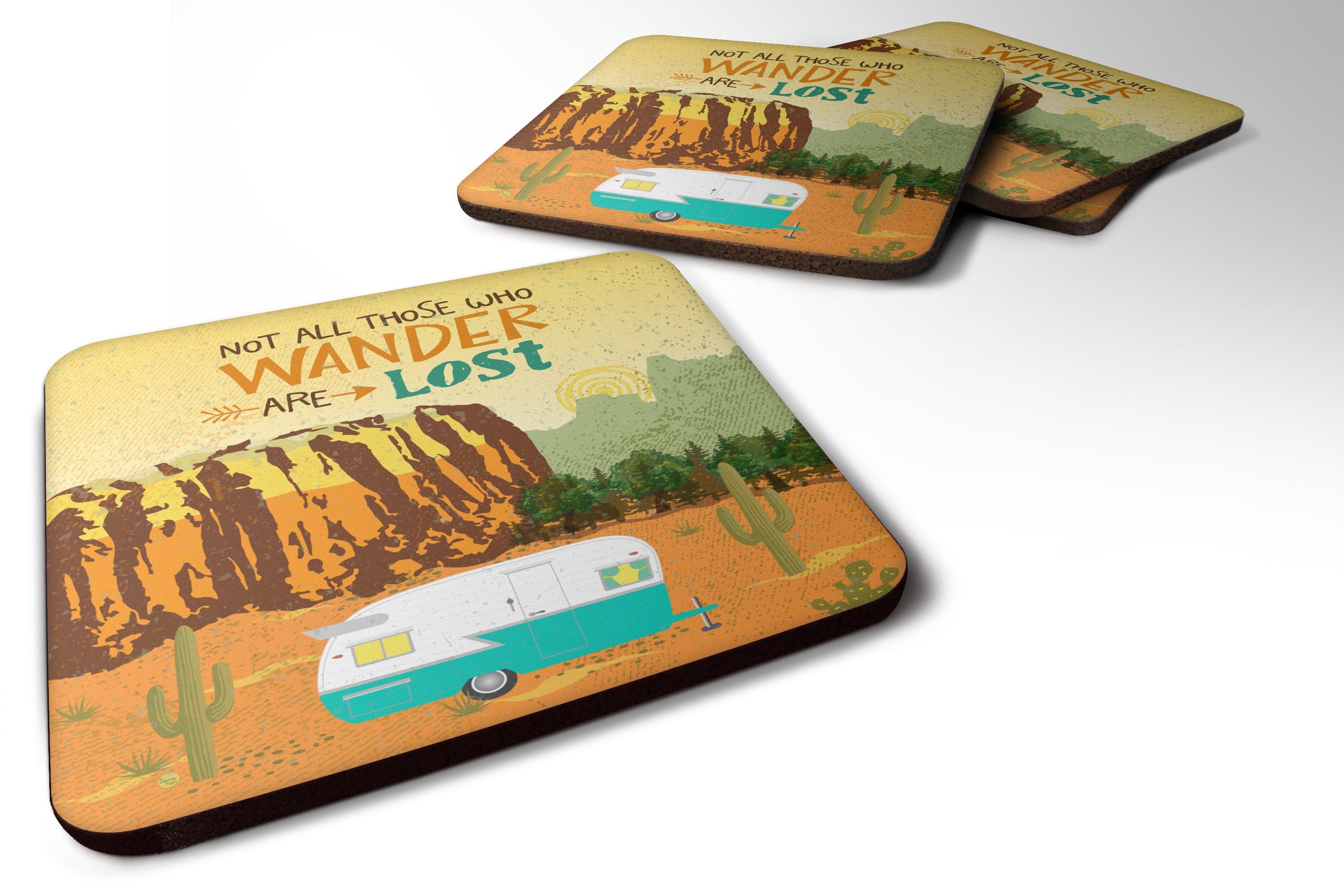 Retro Camper Camping Wander Foam Coasters Set of 4 Cup Coasters for Indoor Outdoor, Tabletop Protection, Anti Slip, Mouse pad Material