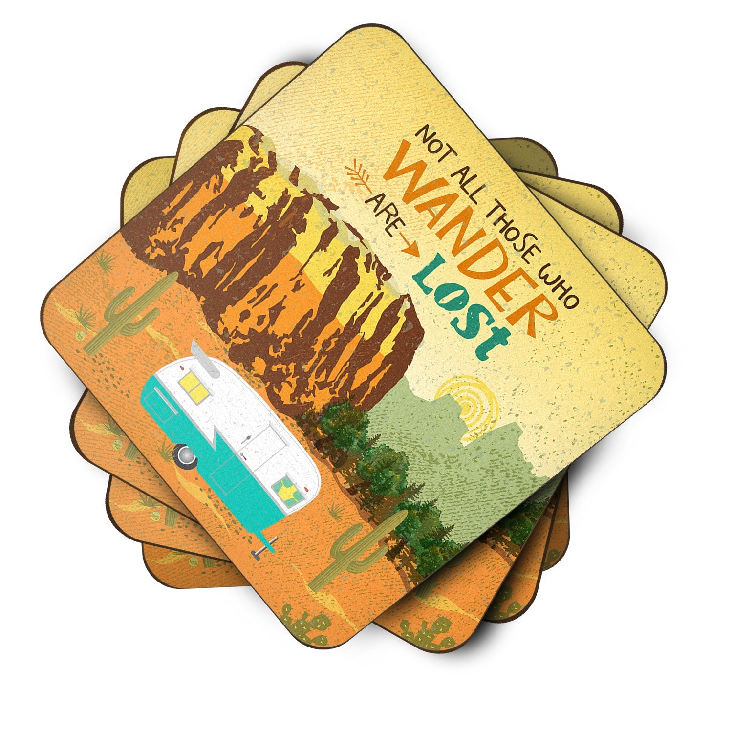 Retro Camper Camping Wander Foam Coasters Set of 4 Cup Coasters for Indoor Outdoor, Tabletop Protection, Anti Slip, Mouse pad Material