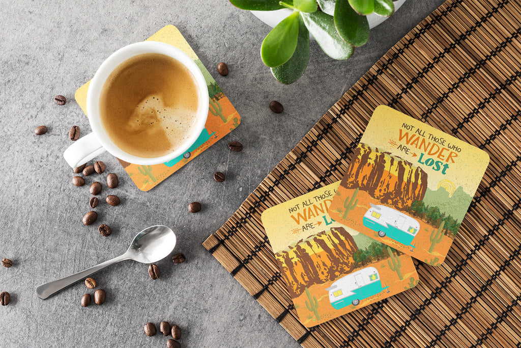 Retro Camper Camping Wander Foam Coasters Set of 4 Cup Coasters for Indoor Outdoor, Tabletop Protection, Anti Slip, Mouse pad Material