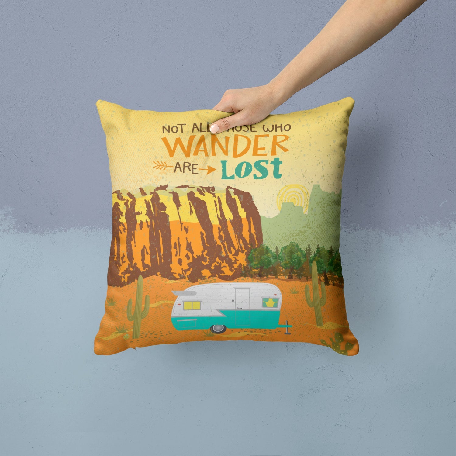 Retro Camper Camping Wander Decorative Throw Pillow 14x14 Indoor Outdoor Accent Cushion, Fabric Cover with Insert for Sofa, Bed, Porch & Living Room