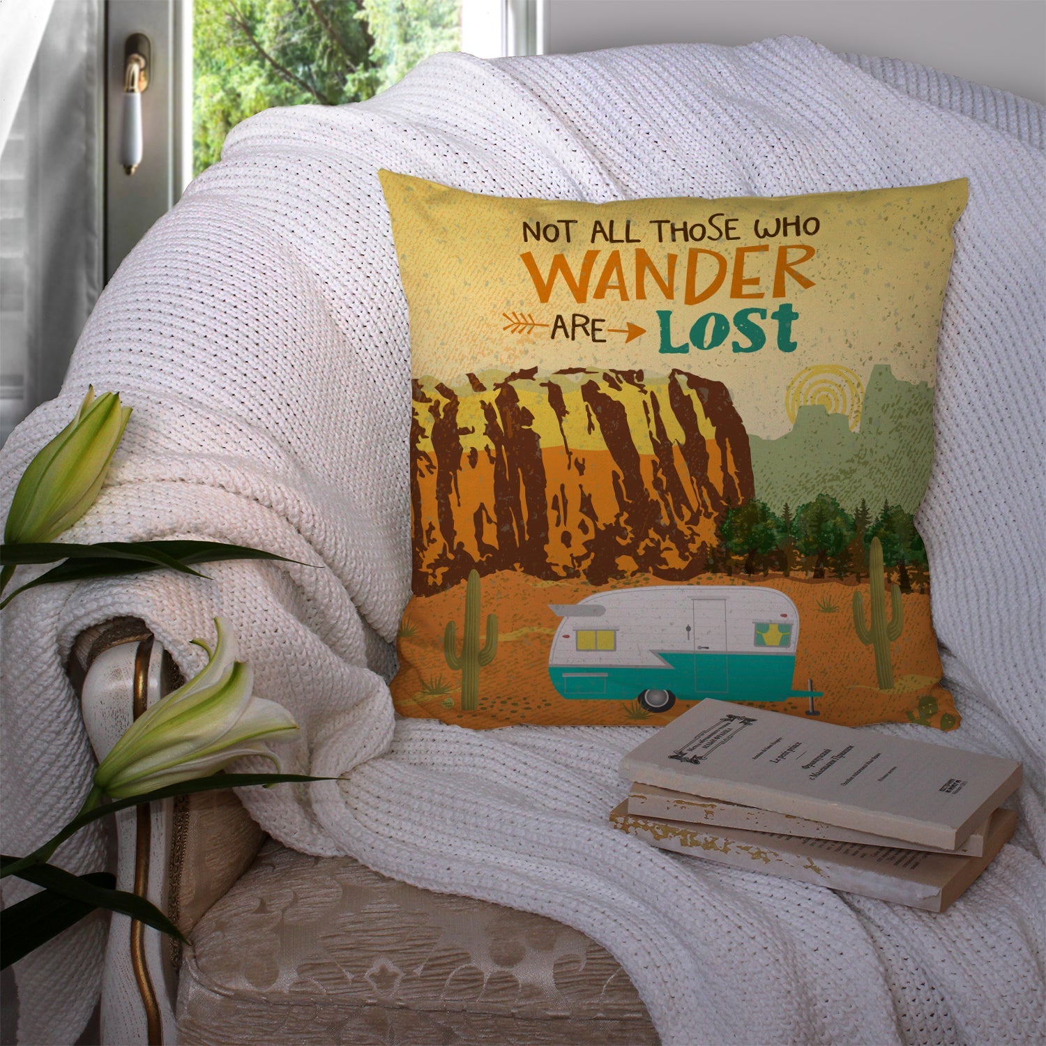 Retro Camper Camping Wander Decorative Throw Pillow 14x14 Indoor Outdoor Accent Cushion, Fabric Cover with Insert for Sofa, Bed, Porch & Living Room