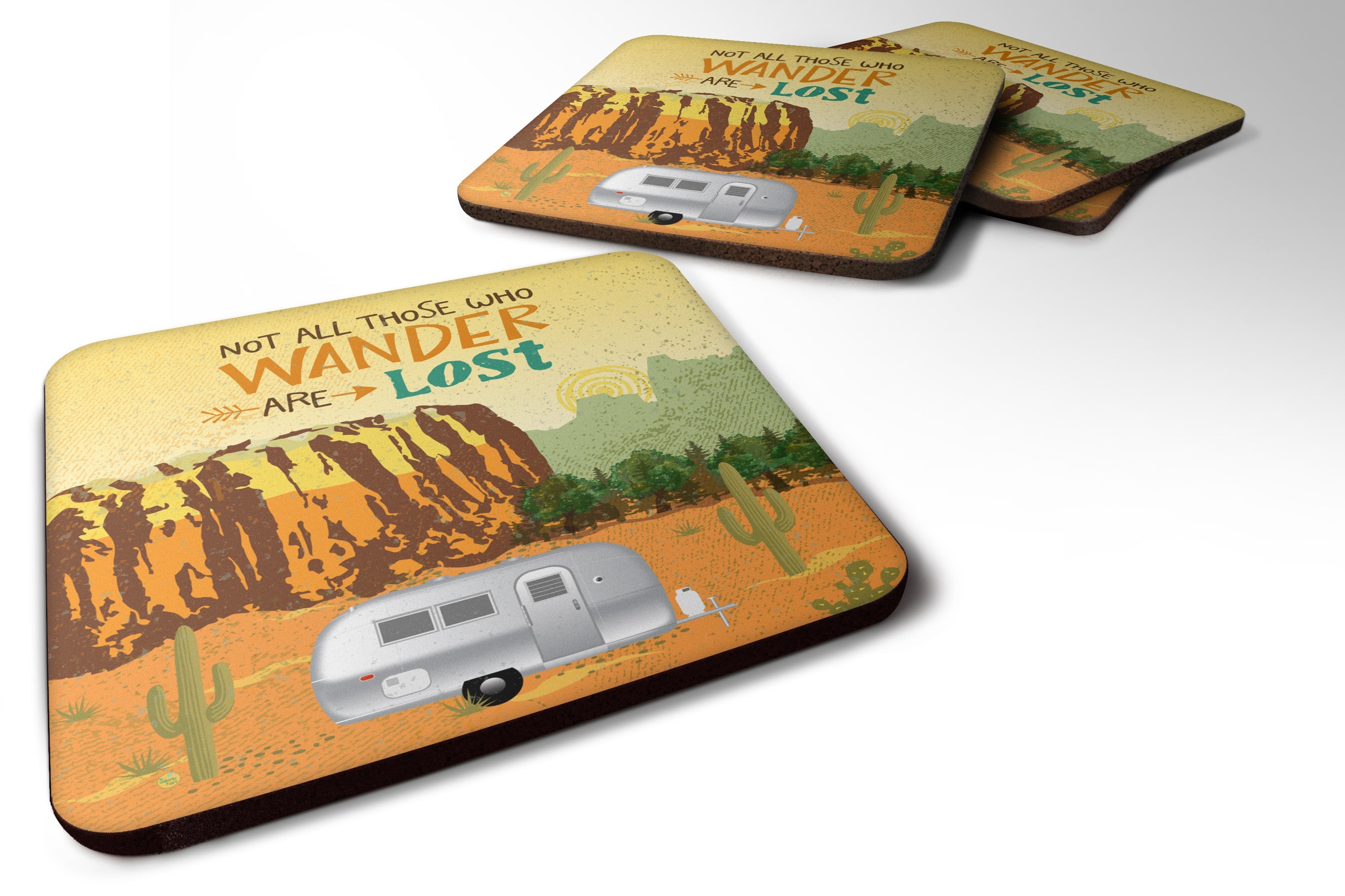 Airstream Camper Camping Wander Foam Coasters Set of 4 Cup Coasters for Indoor Outdoor, Tabletop Protection, Anti Slip, Mouse pad Material