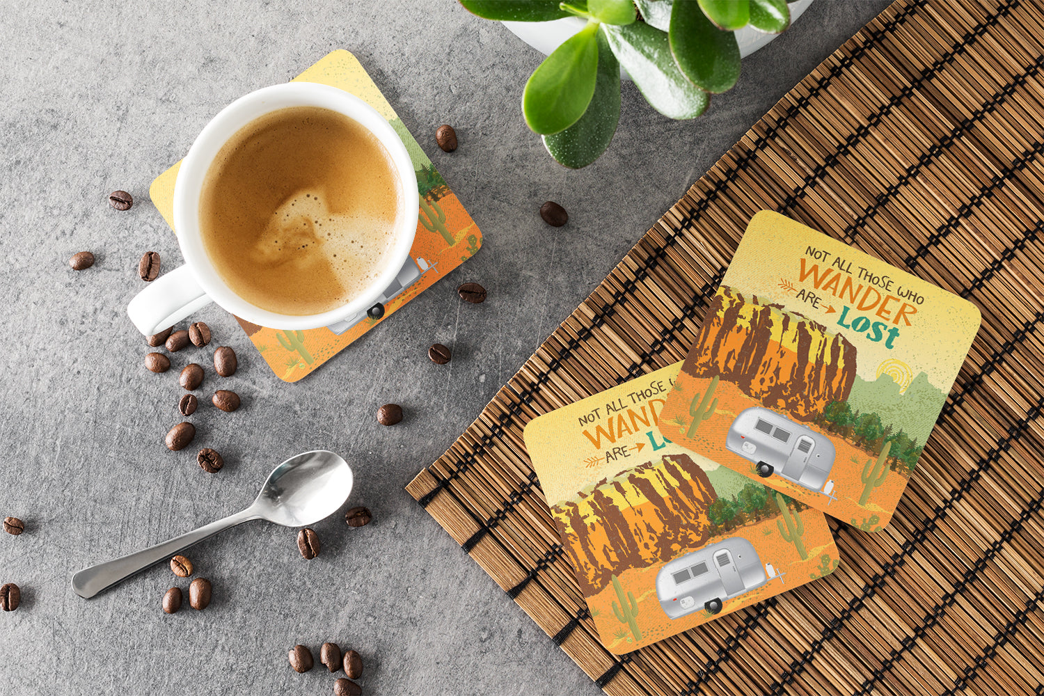 Airstream Camper Camping Wander Foam Coasters Set of 4 Cup Coasters for Indoor Outdoor, Tabletop Protection, Anti Slip, Mouse pad Material