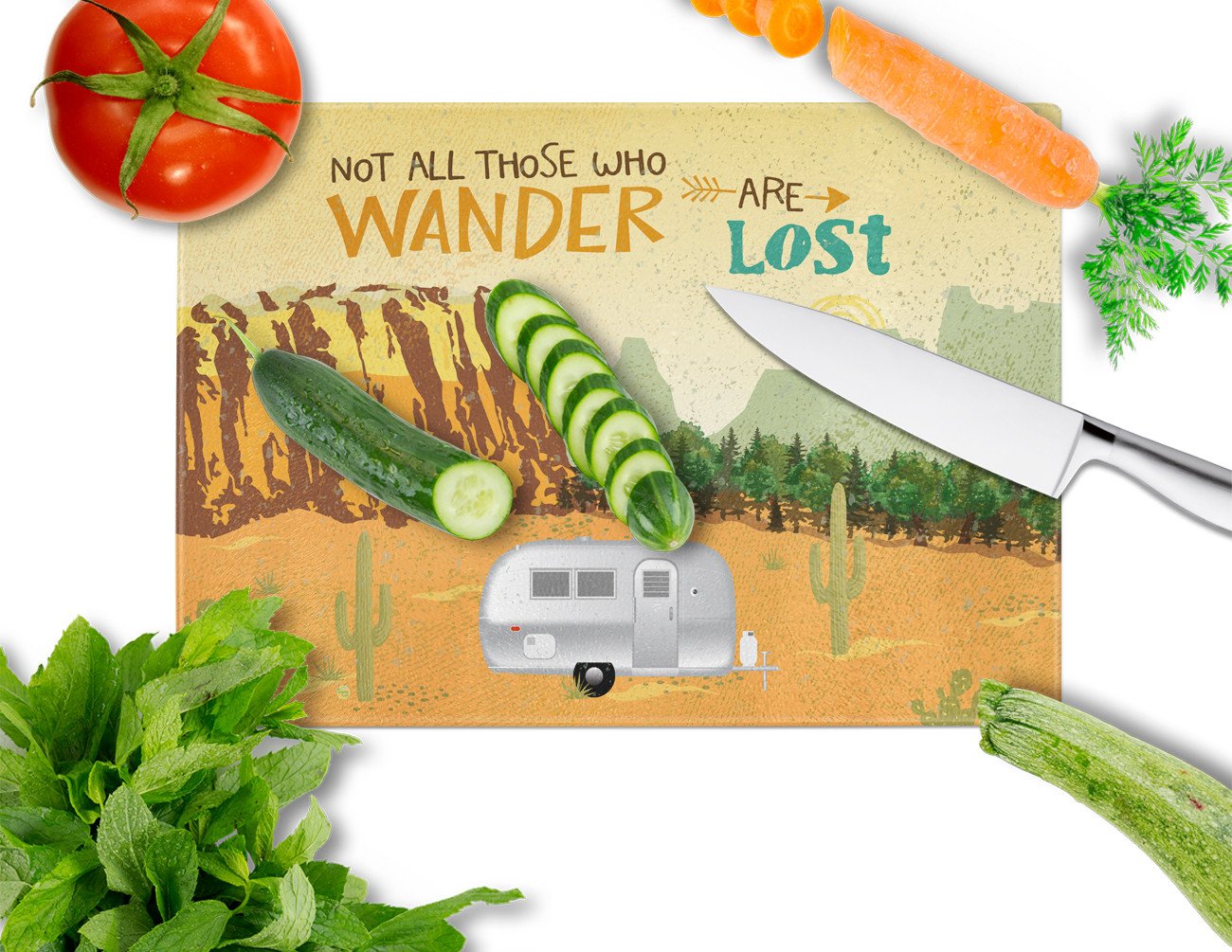 Airstream Camper Camping Wander Cutting Board Tempered Glass Kitchen Cutting Surface, Heat Resistant Chopping, Non-Slip Feet, Food Prep & Serving